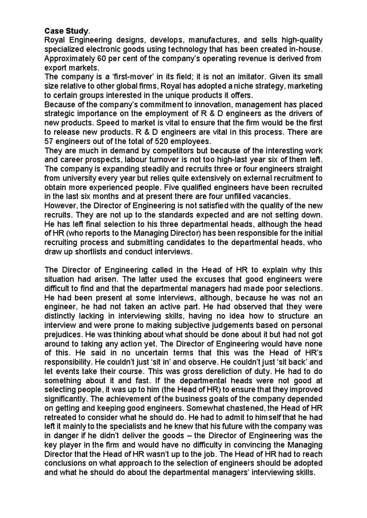 HRM - HRM - Case Study. Royal Engineering designs, develops ...