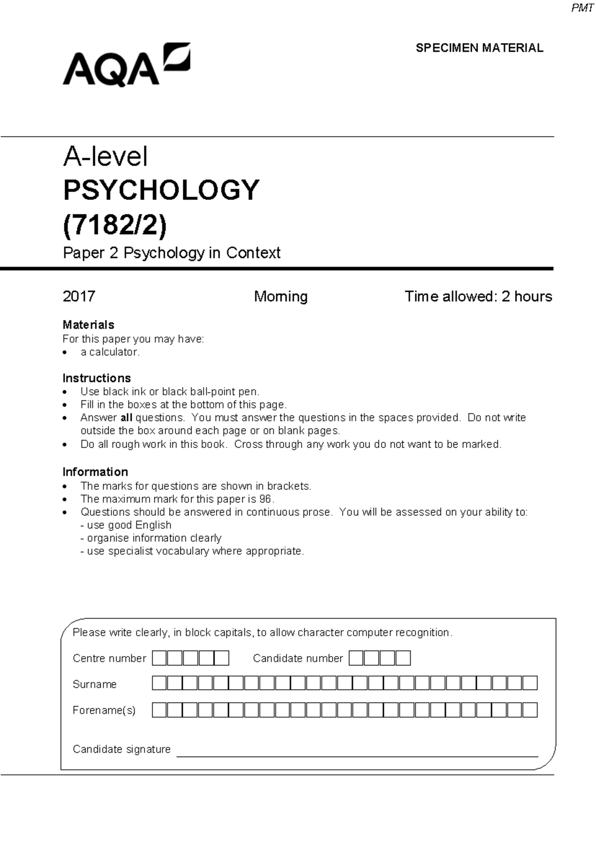 Specimen 1 QP - Paper 2 AQA Psychology A-level - A-level PSYCHOLOGY ...