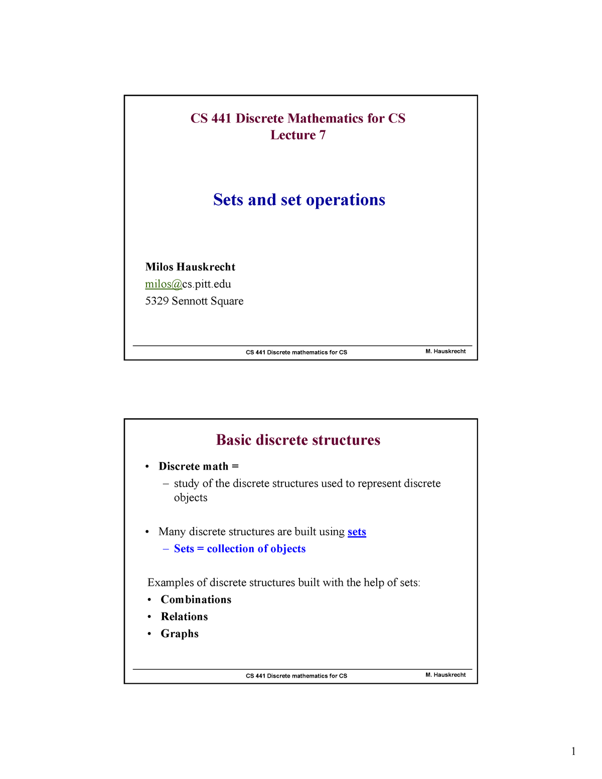 Lecture 7 - CS 441 Discrete Mathematics For CS M. Hauskrecht CS 441 ...