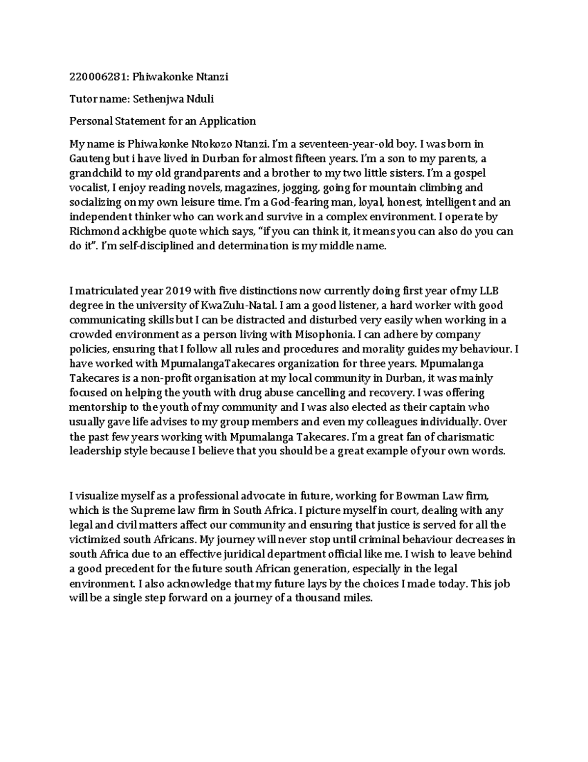 English Assignment - killer - 220006281: Phiwakonke Ntanzi Tutor name ...