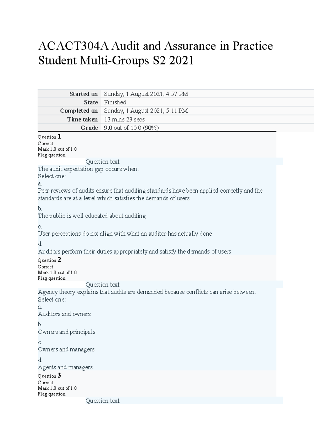 Audit quiz week 1 - ACACT304A Audit and Assurance in Practice Student ...