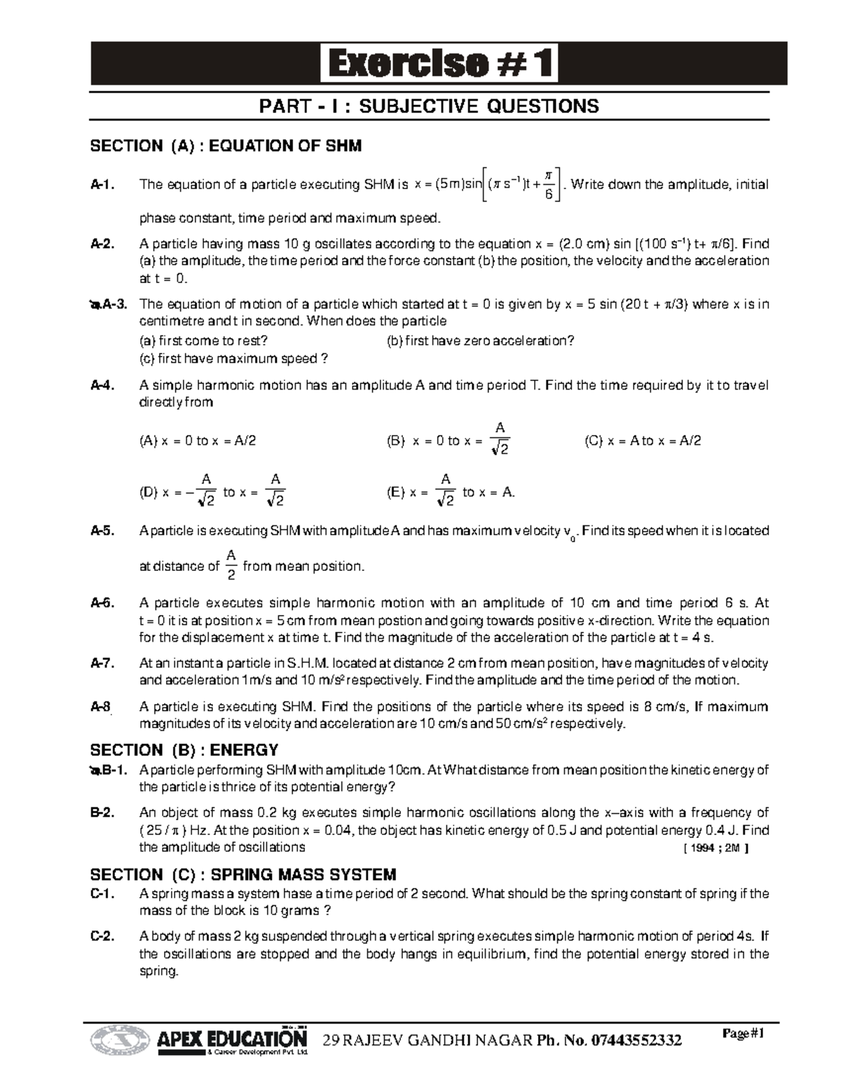 Exercise(SHM) Exercise questions for jee physics class 11 for