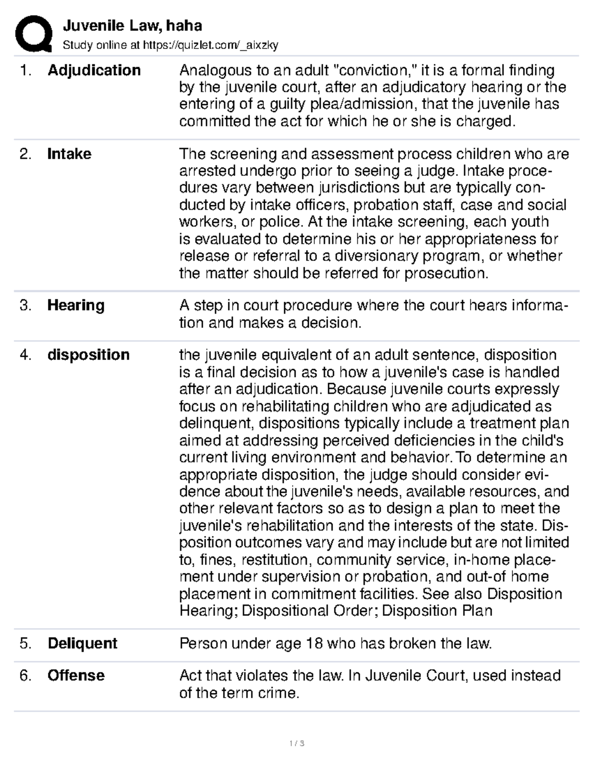 LAW VOCAB SUMMARY Juvenile Law, haha Study online at quizlet/_aixzky