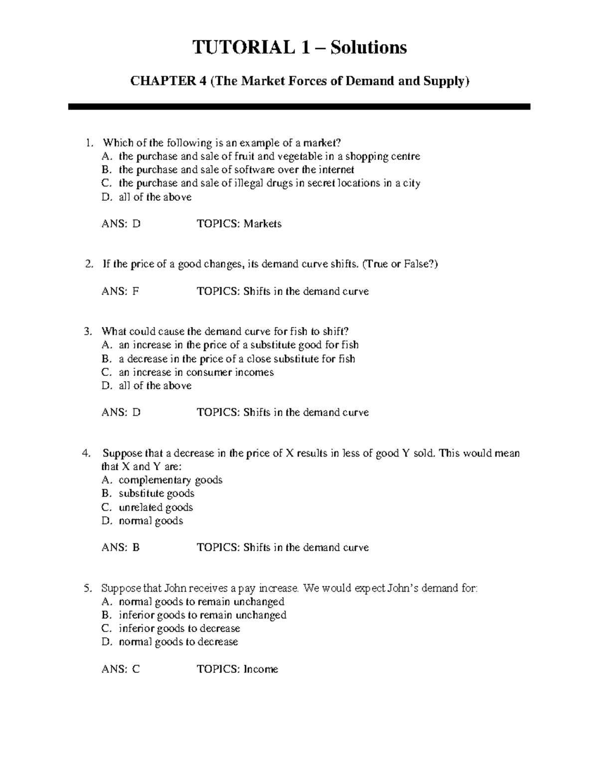 Tutorial 1 - Solutions - TUTORIAL 1 – Solutions CHAPTER 4 (The Market ...
