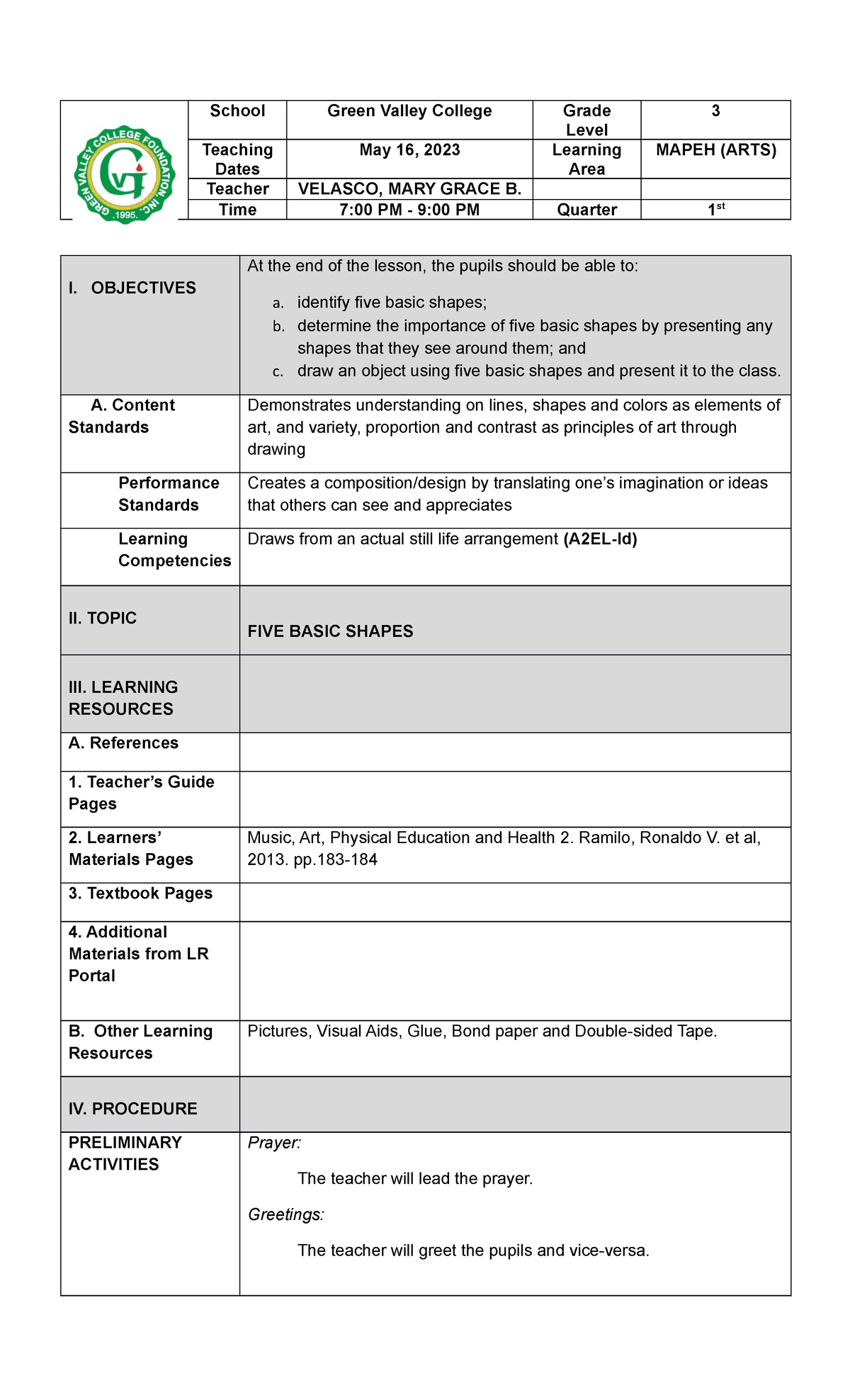 4as Lesson Plan For Beed School Green Valley College Grade Level 3 Teaching Dates May 16 3359