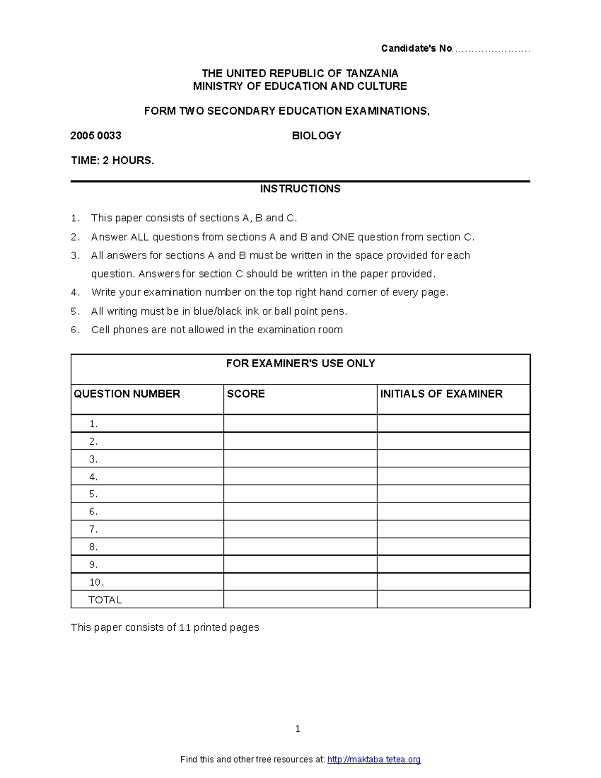 Biology - 2005 - F2 - study materials - Candidate's No ...