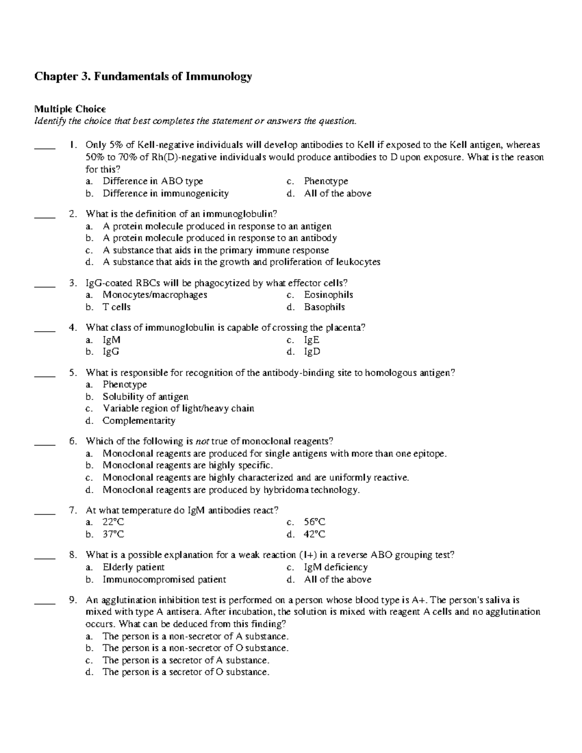 Ch03 Test bank for Modern Blood Banking and Transfusion Practices by Denise Harmen Chapter 3