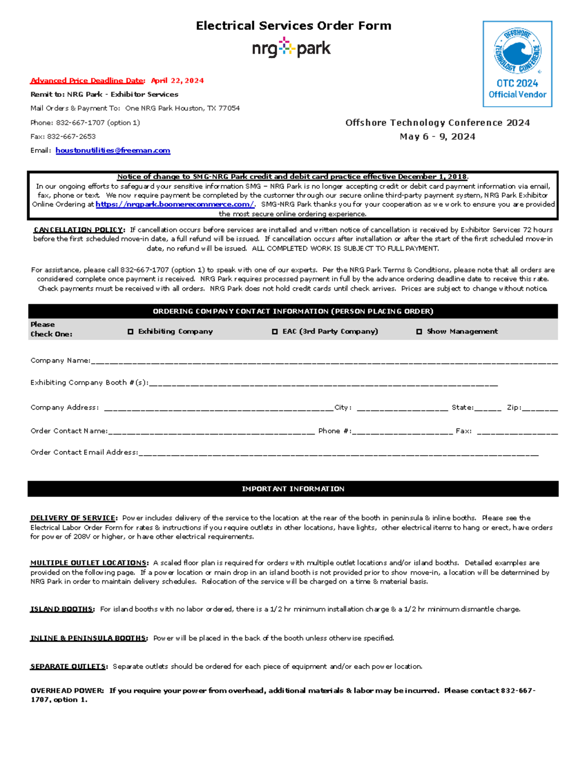 NRG Electrical & Labor Order Forms OTC 24 - Please Check One ...