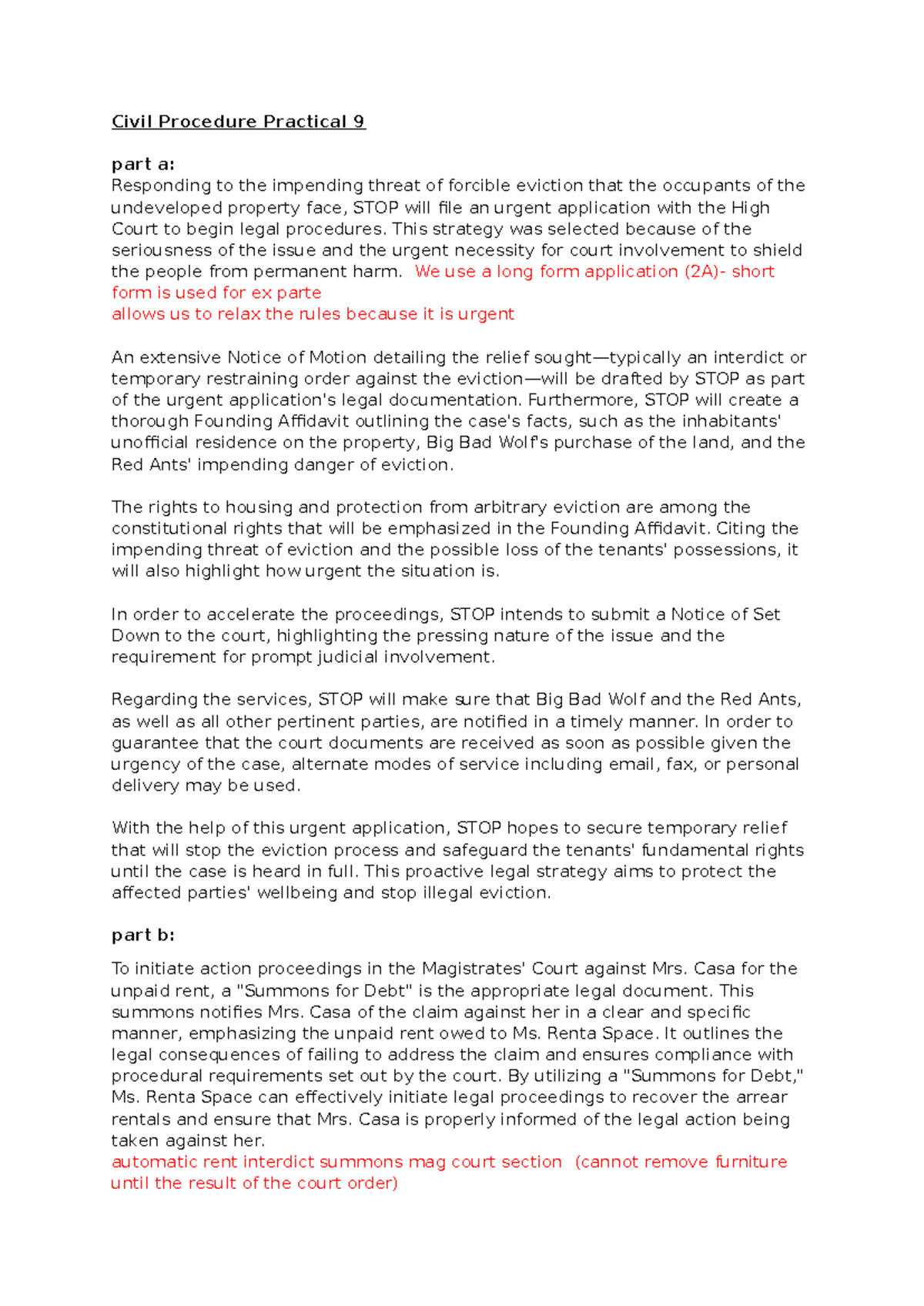 Civil Procedure Practical 9 - This strategy was selected because of the ...