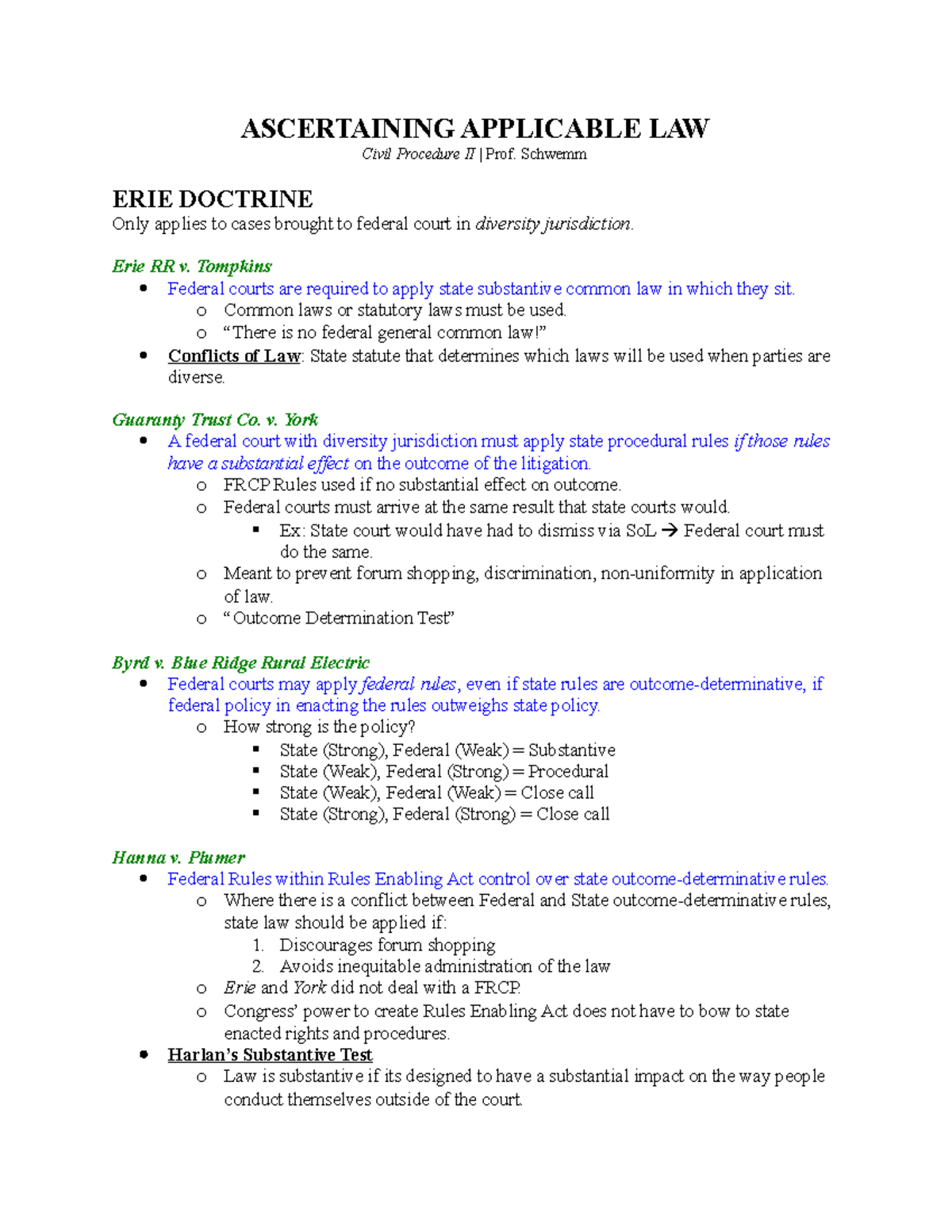 Erie Doctrine & Ascertaining State Law - Outline - ASCERTAINING ...