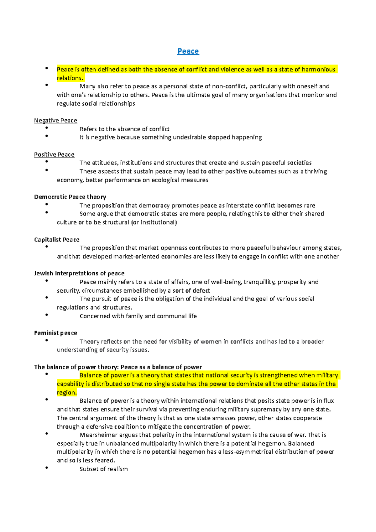 Peace and conflict notes - Peace Peace is often defined as both the ...