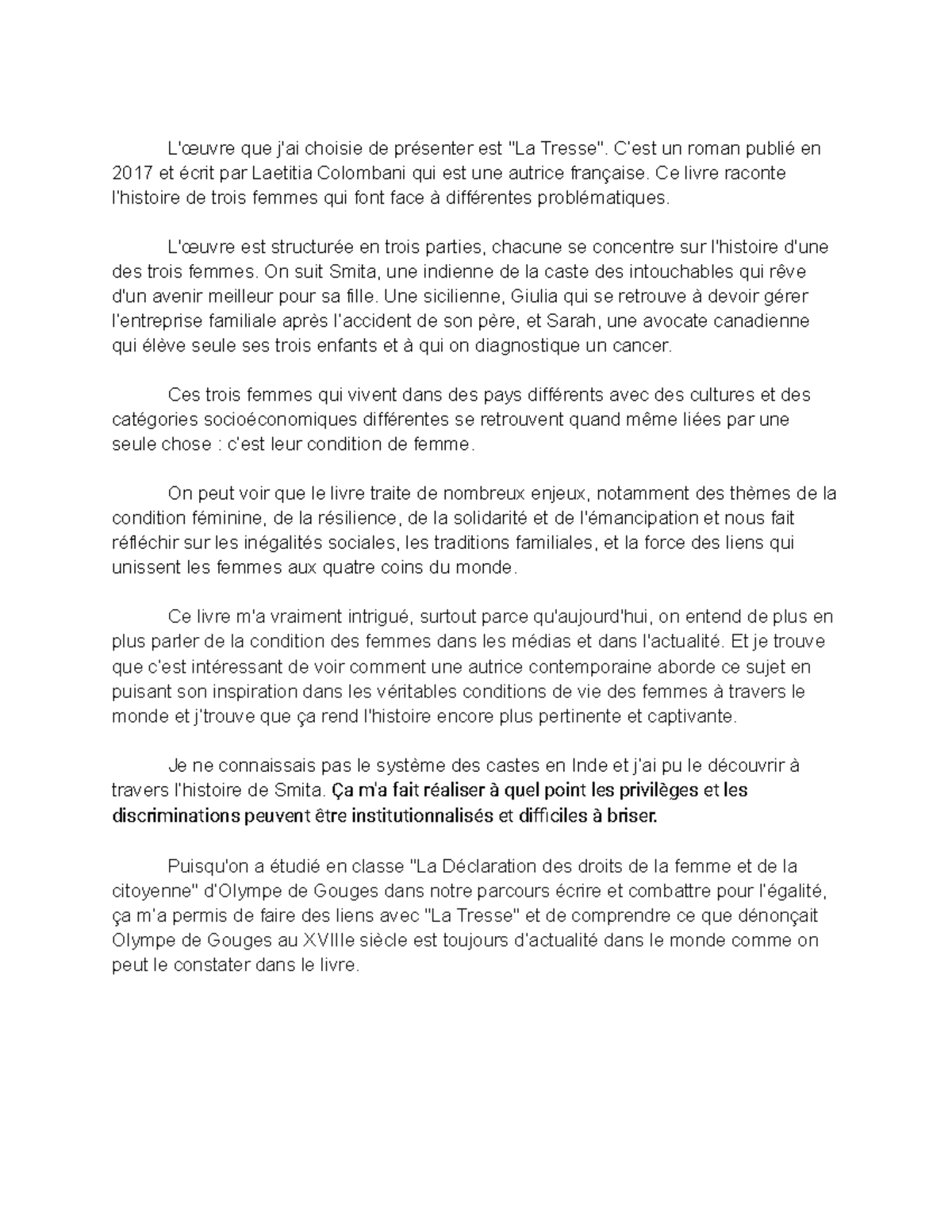 Bac de Français oral - deuxième partie : résumé La Tresse - L'œuvre que ...