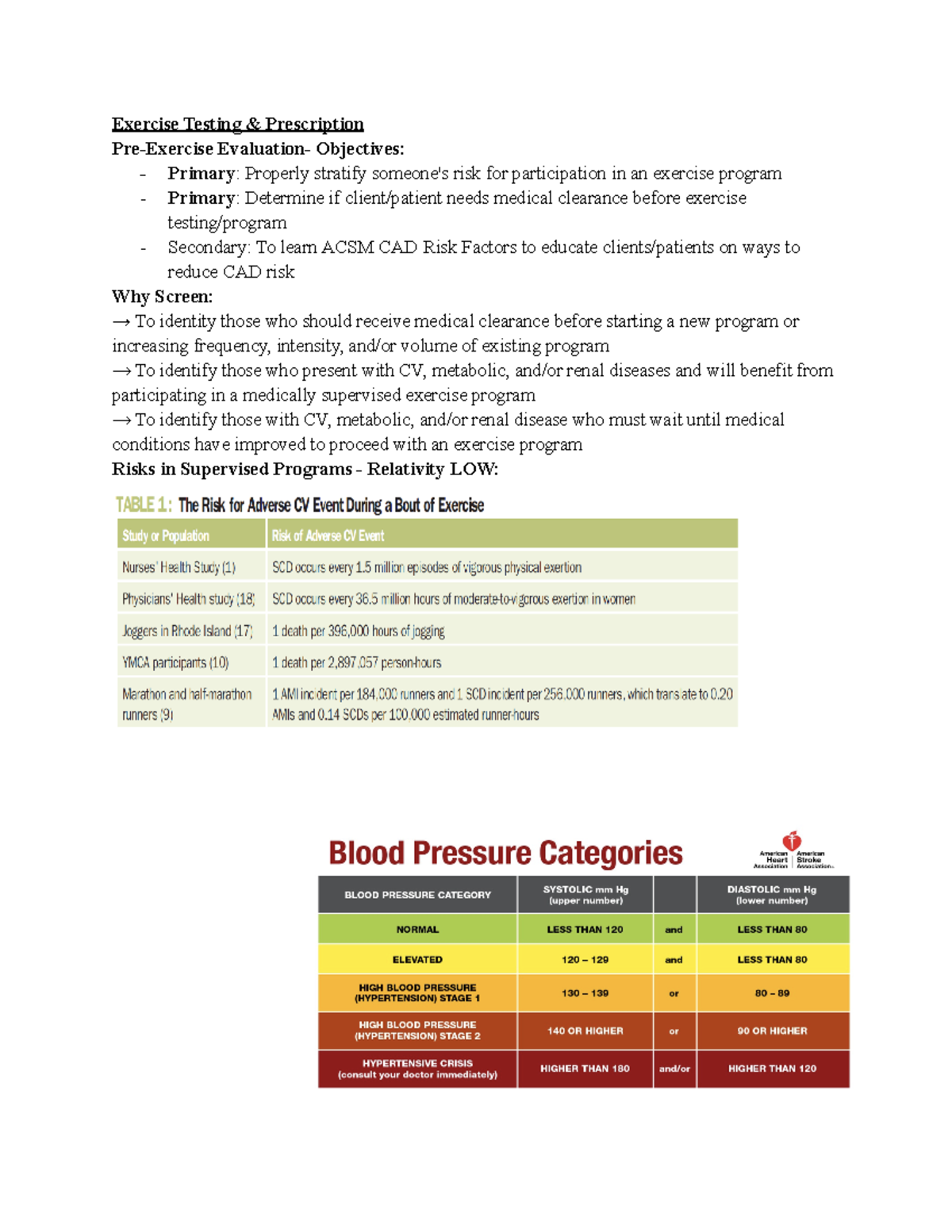 Ex. Testing t & Prescription Notes - Exercise Testing & Prescription ...
