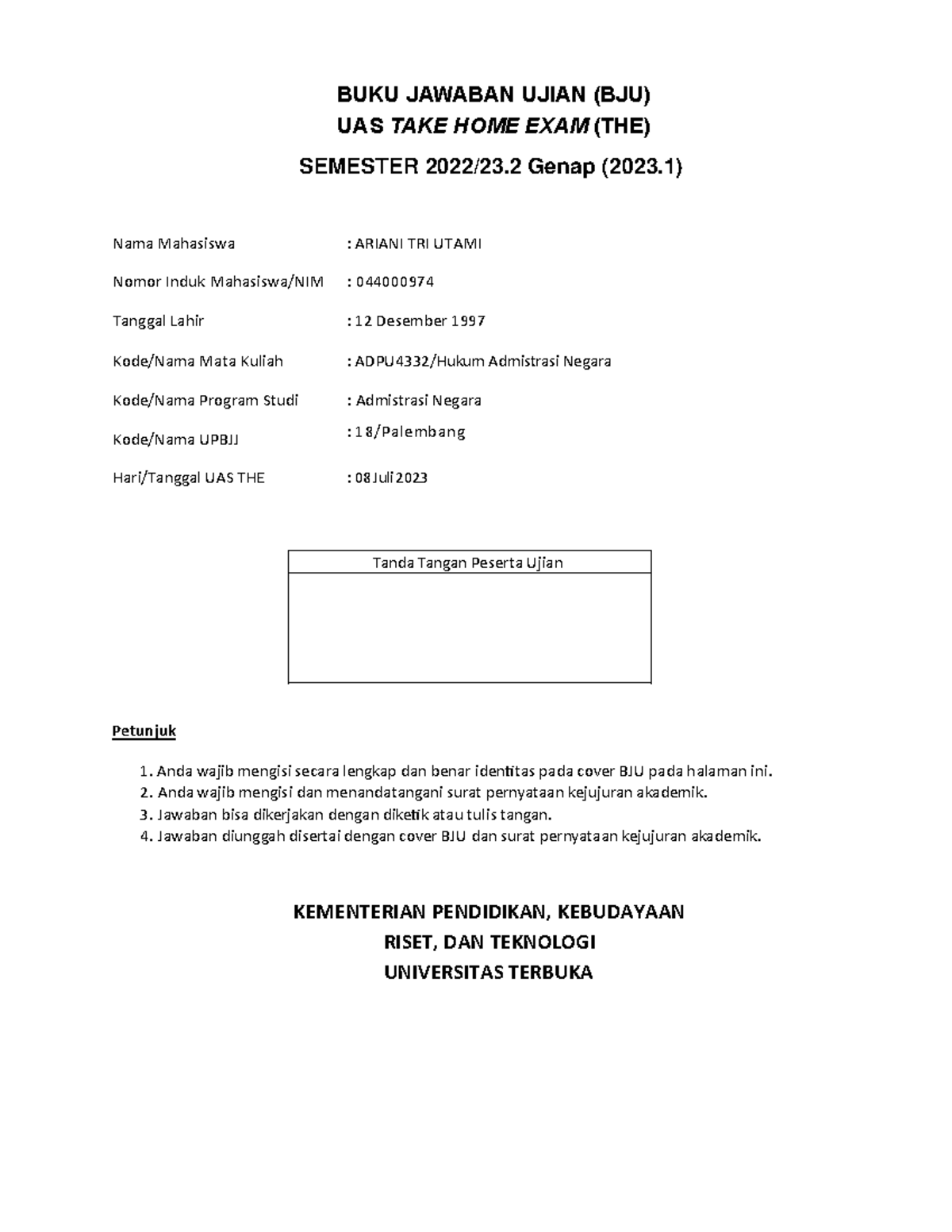 Hukum Admistrasi Negara THE 2023 - BUKU JAWABAN UJIAN (BJU) UAS TAKE ...