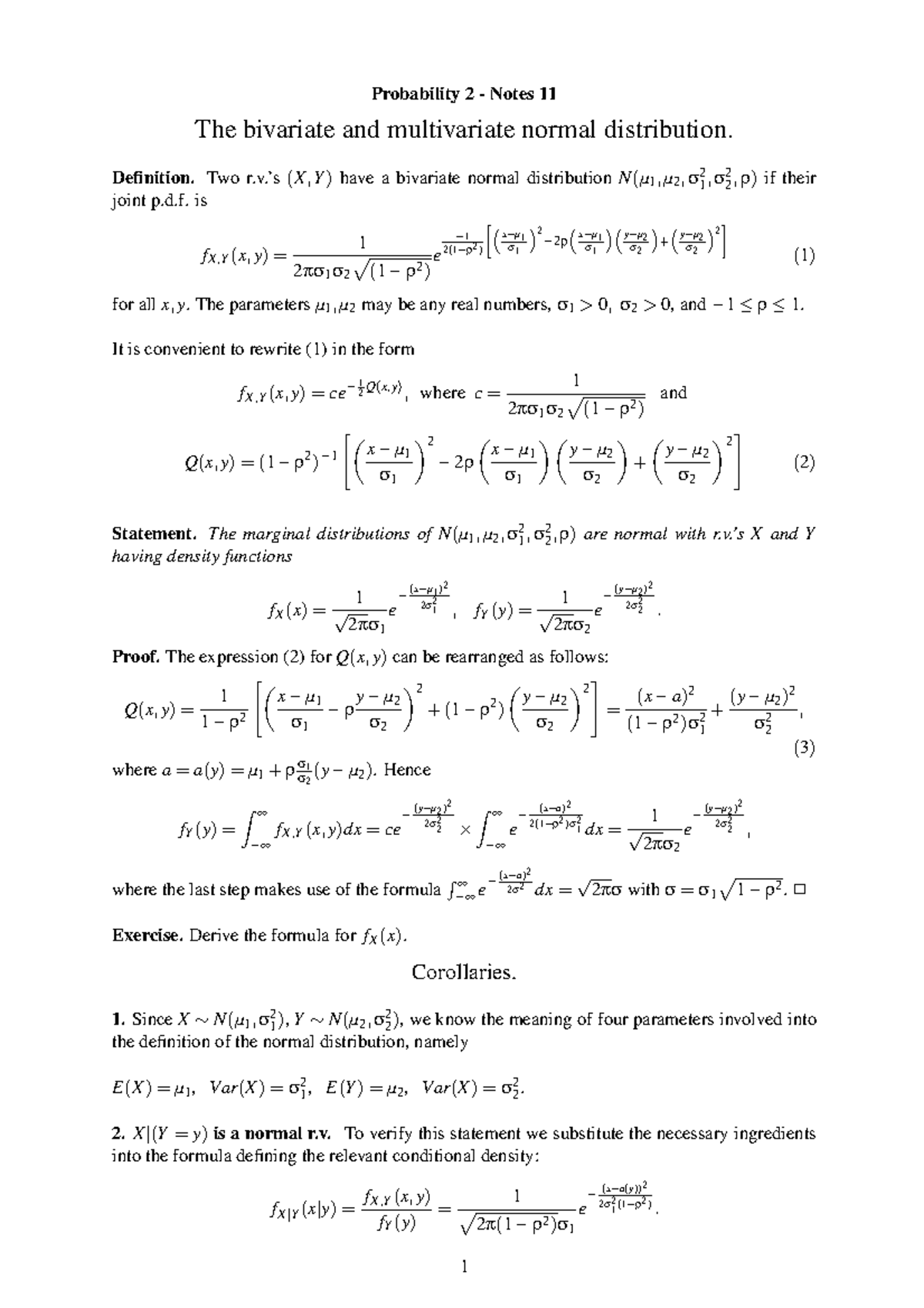 Notes 11 09 The Bivariate And Multivariate Normal Distribution Studocu