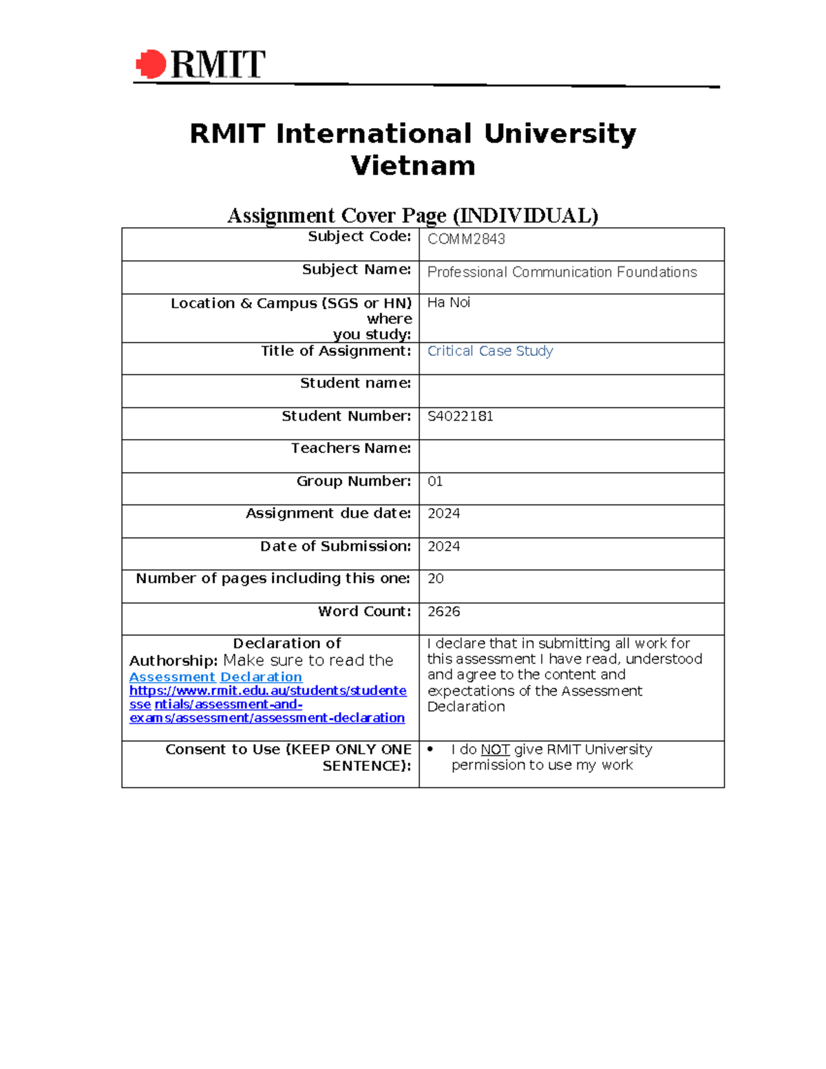 Sample DI+ - RMIT International University Vietnam Assignment Cover ...