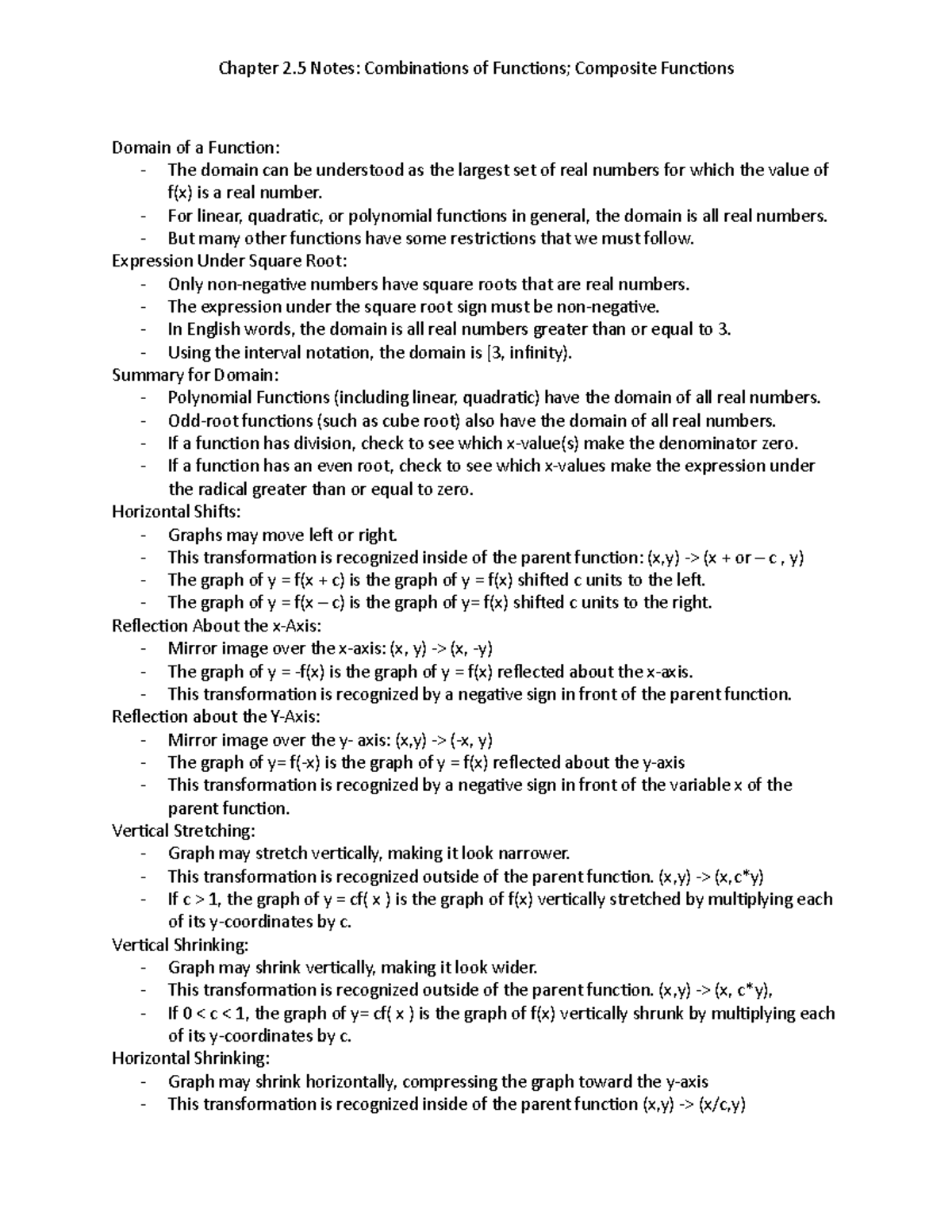 Chapter 2.5 Notes Chapter 2 Notes Combinations of Functions