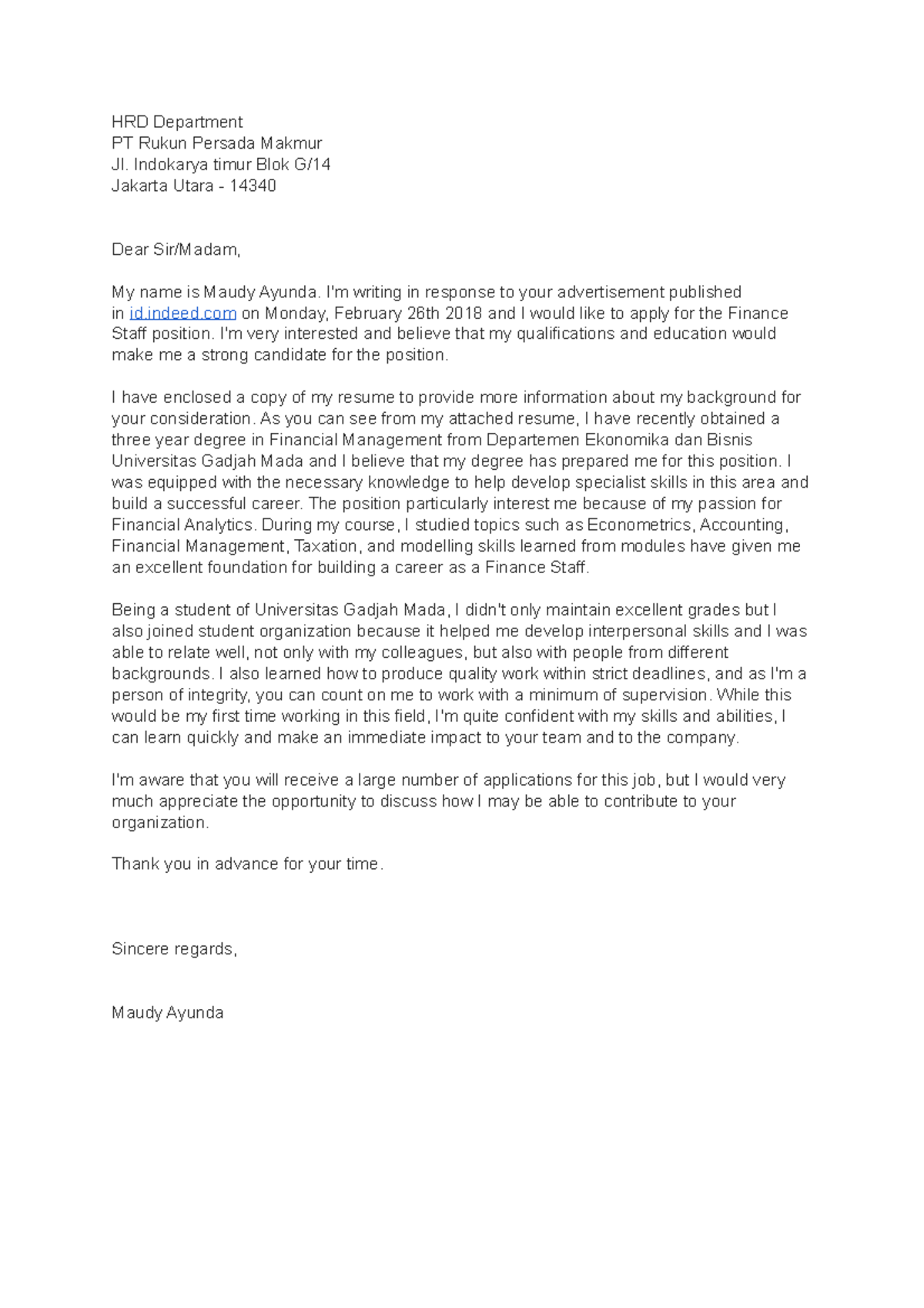 Sample Cover Letter for A Job Application - HRD Department PT Rukun ...