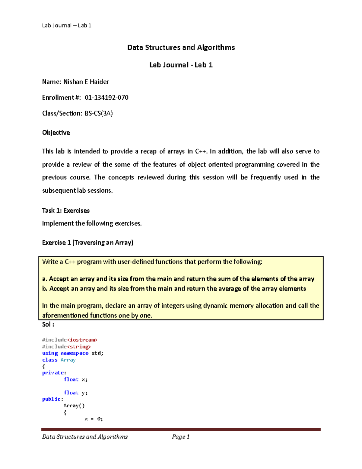 Journal 1 - Data Structures and Algorithms Lab Journal - Lab 1 Name ...