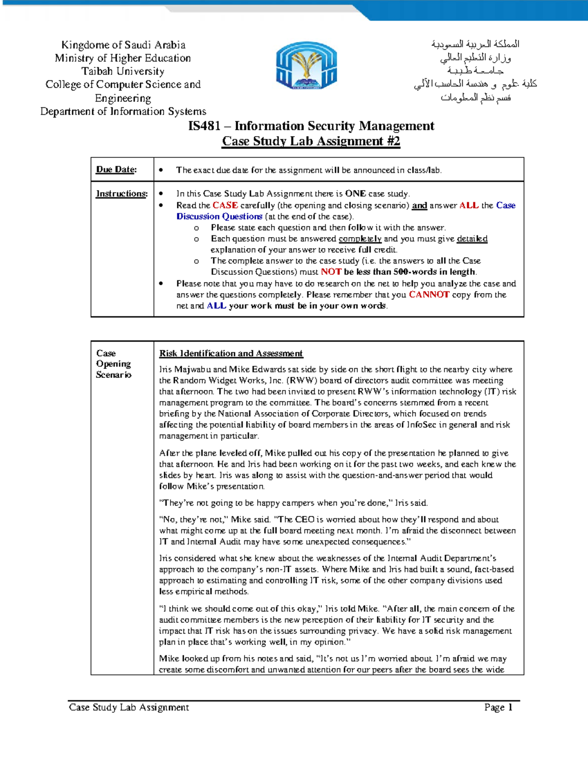 IS-481 Case Study Lab Assignment 2 - Kingdome of Saudi Arabia Ministry ...