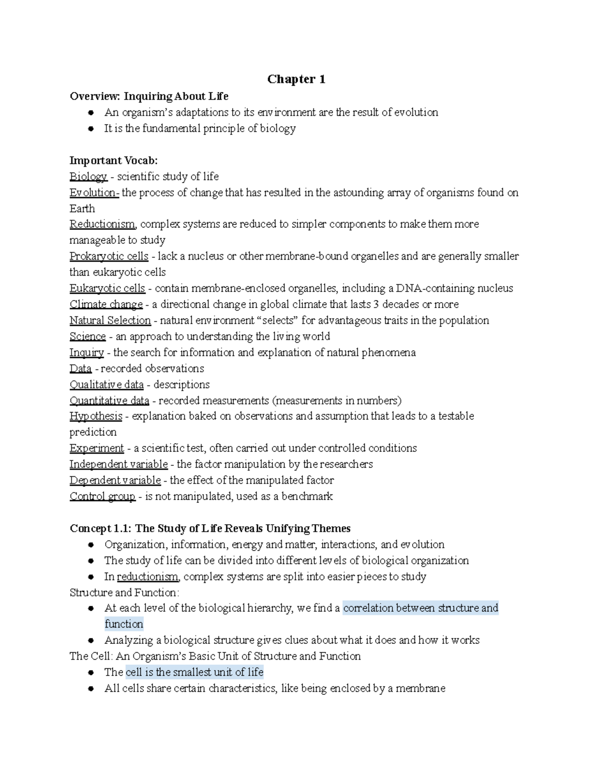 Intro to Biol 412 Chapter Notes - Chapter 1 Overview: Inquiring About ...