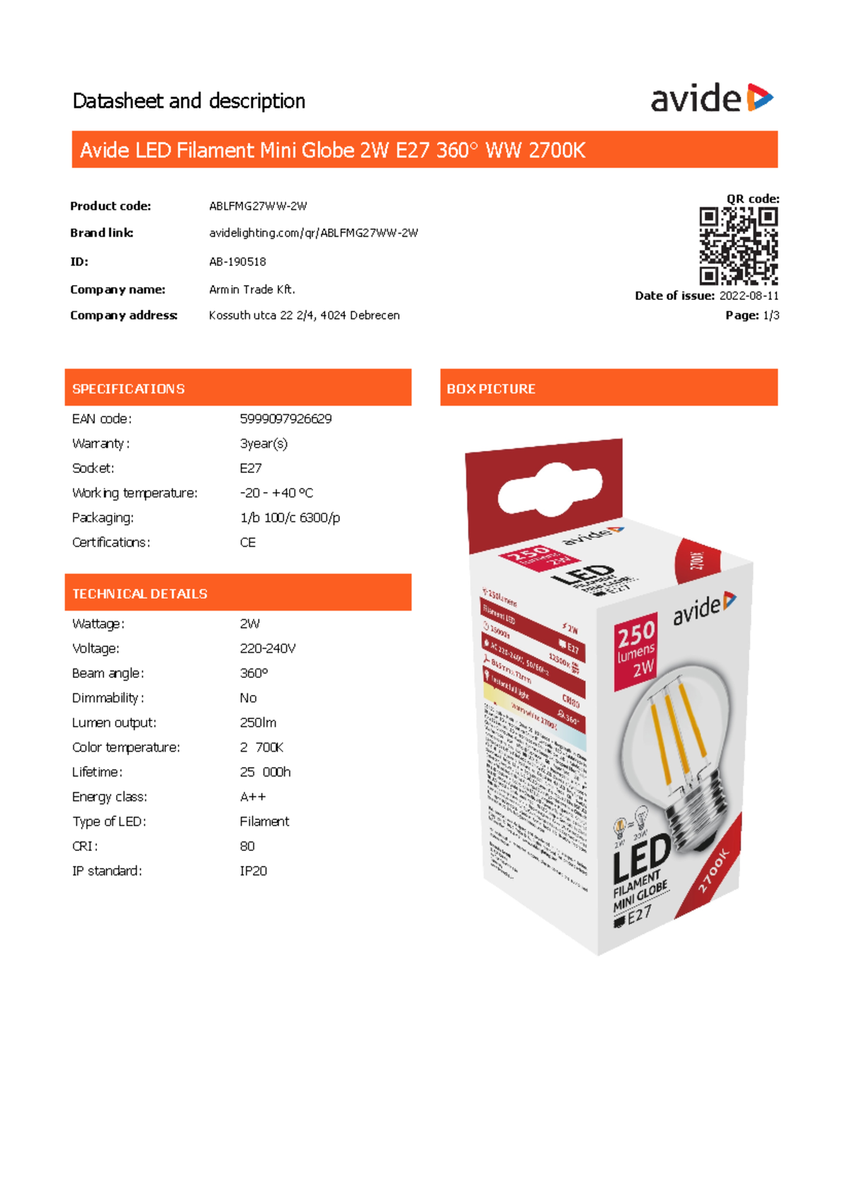 Avide led filament ablfmg 27ww 2w Datasheet and description Avide LED