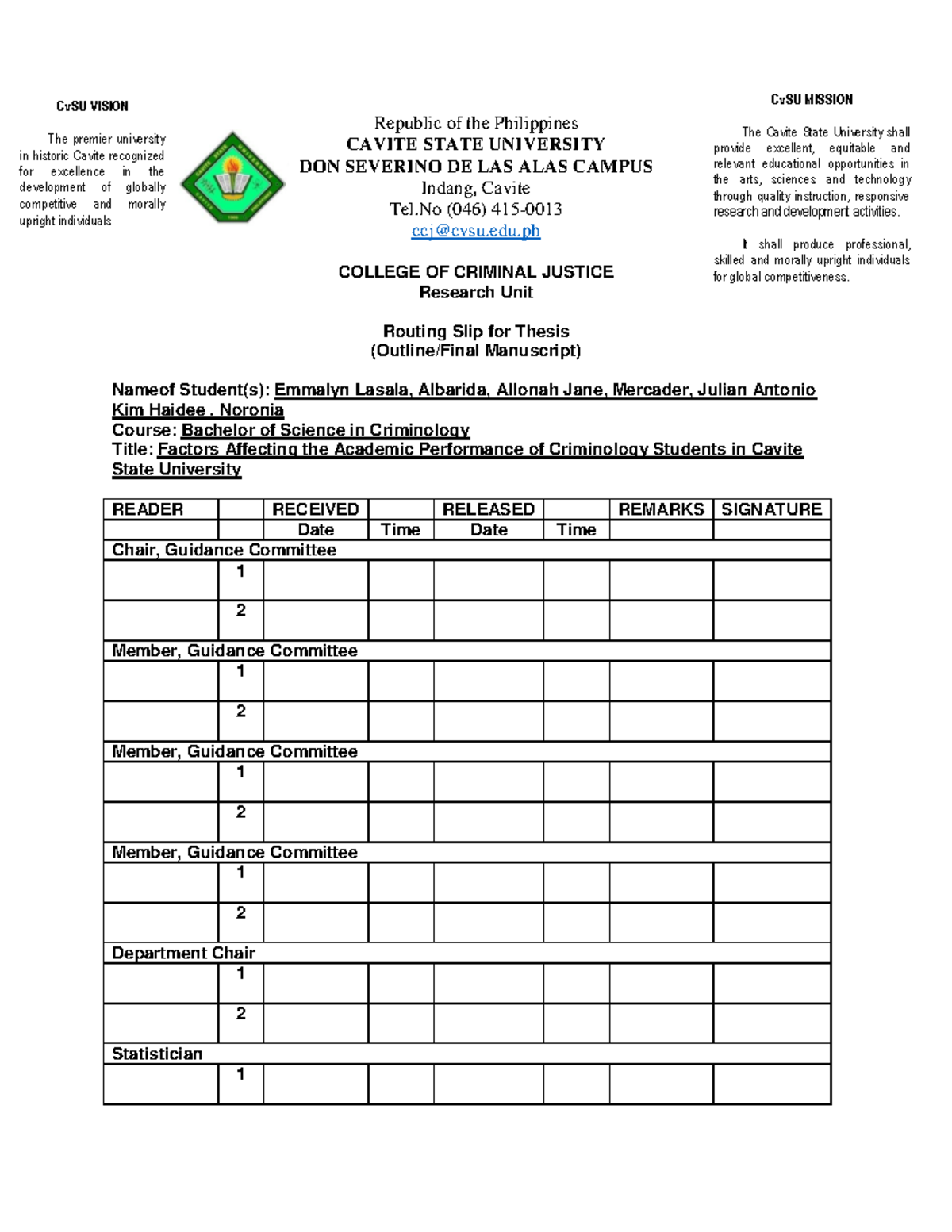 Form-6 PDFF - KJJNM - Republic of the Philippines CAVITE STATE ...