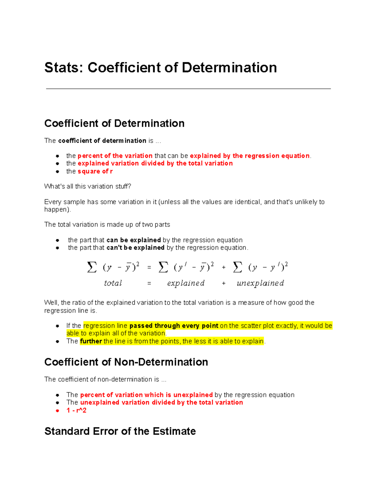 Coefficient Of Determination The Percent Of The Variation That Can