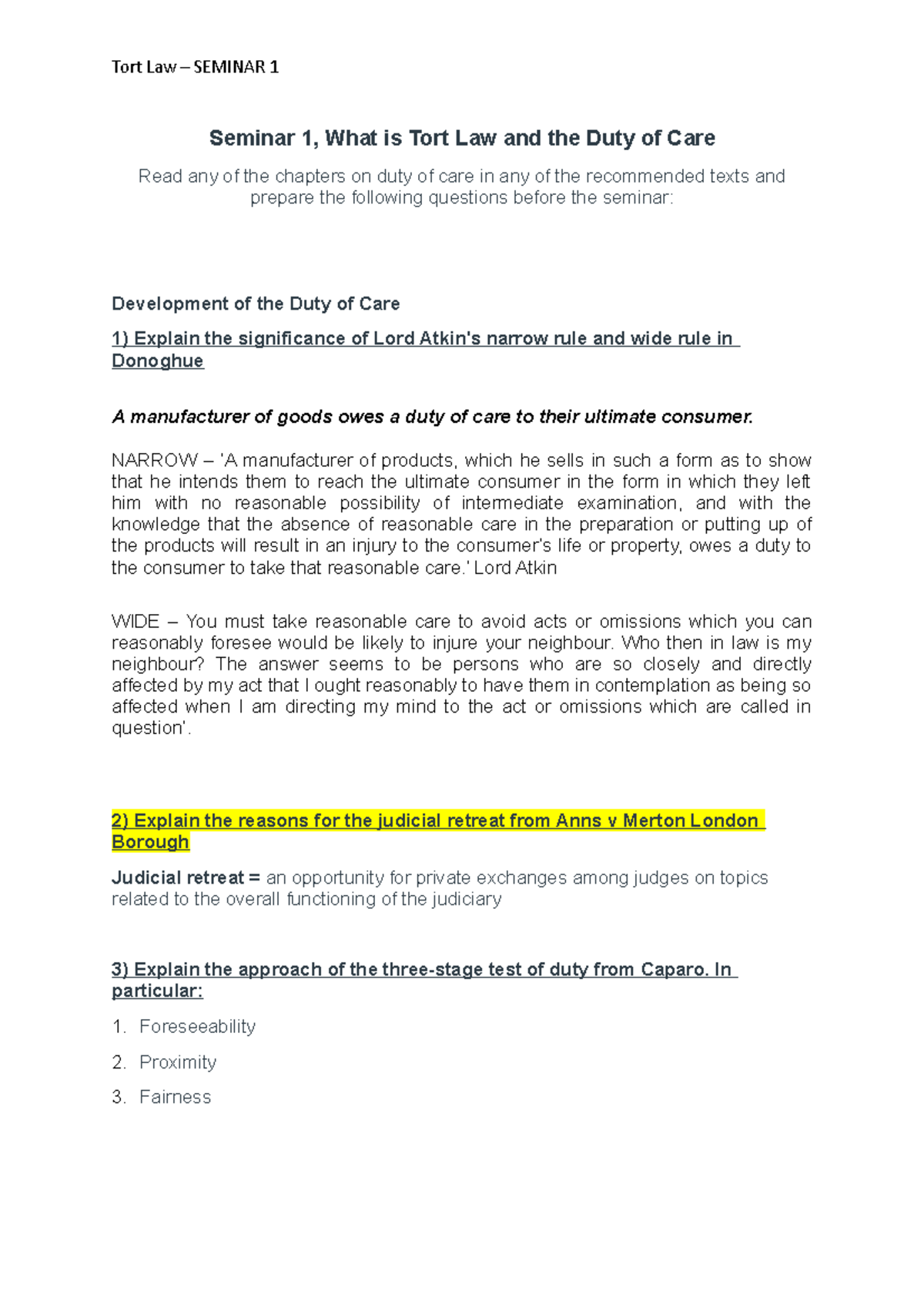 Seminar 1 - Duty of Care - Tort Law – SEMINAR 1 Seminar 1, What is Tort ...