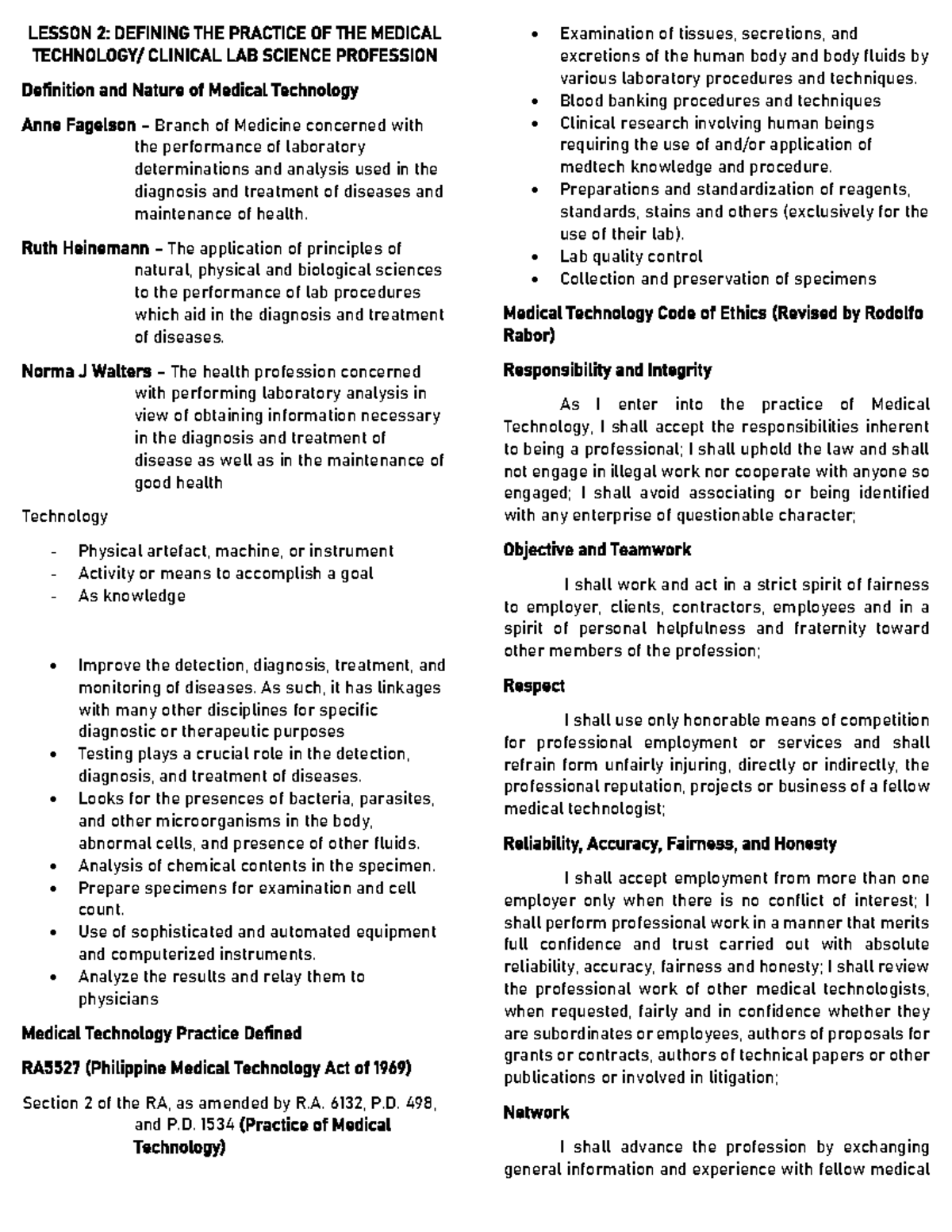 Principles of Medical Laboratory Science 1 Trans LESSON 2 DEFINING