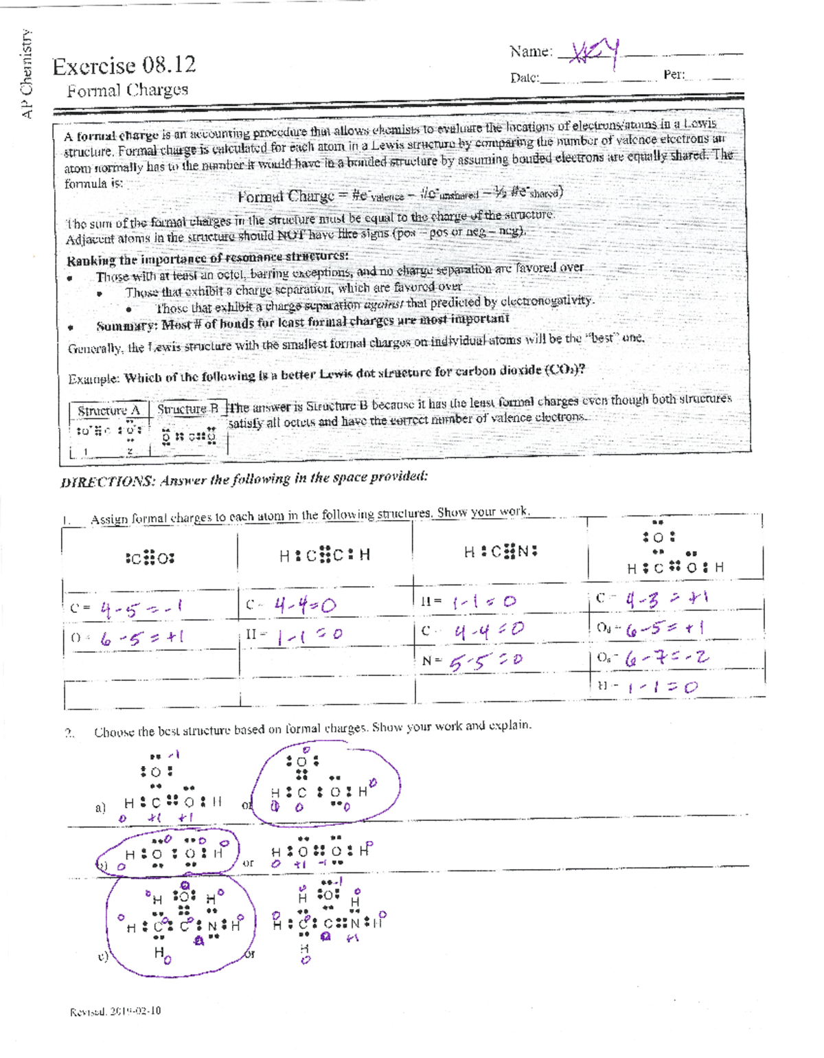 Formal Charges Worksheet with Answers Exercise 08 Name KEY Date Per Formal Charges A formal