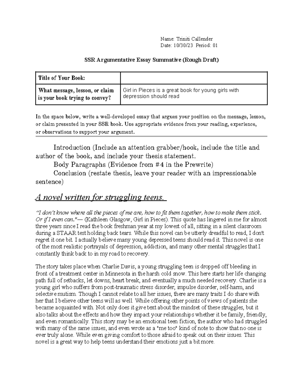 Teacher Model SSR Argumentative CER Summative Rough Draft Template ...