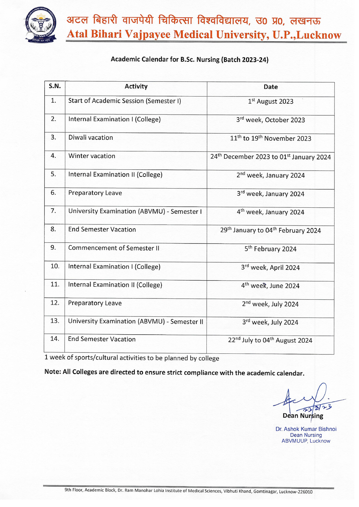 Academic Calendar B - M.Sc Nursing - Studocu