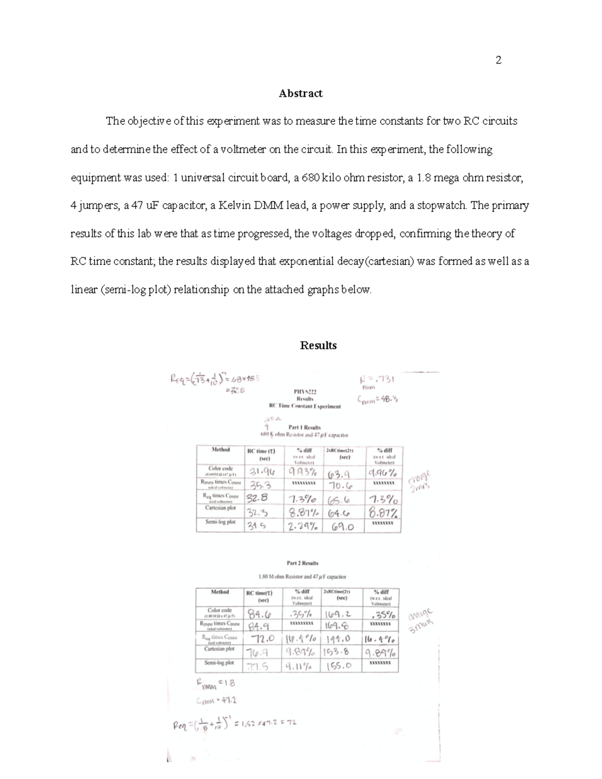 RC time lab report - Abstract The objective of this experiment was to ...