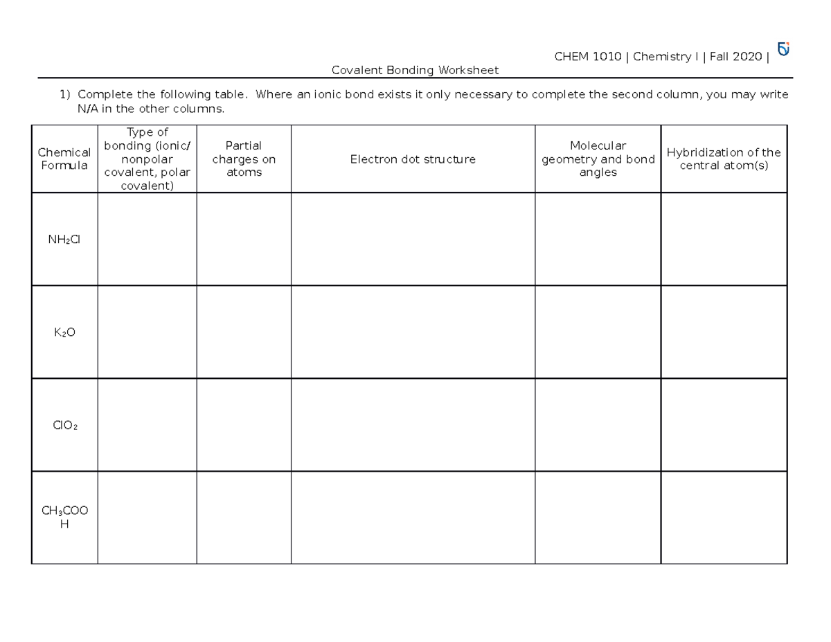 Covalent Bonding worksheet - CHEM 1010 | Chemistry I | Fall 2020 ...