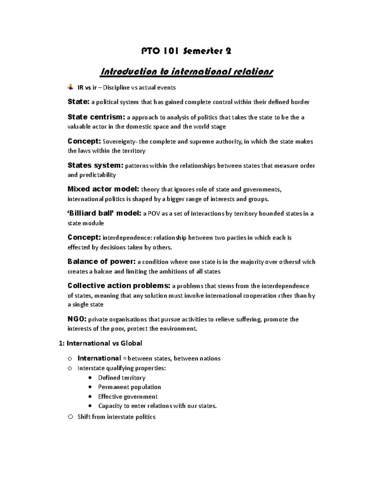 PTO international relations Theme 1 Notes - PTO 101 Semester 2 ...