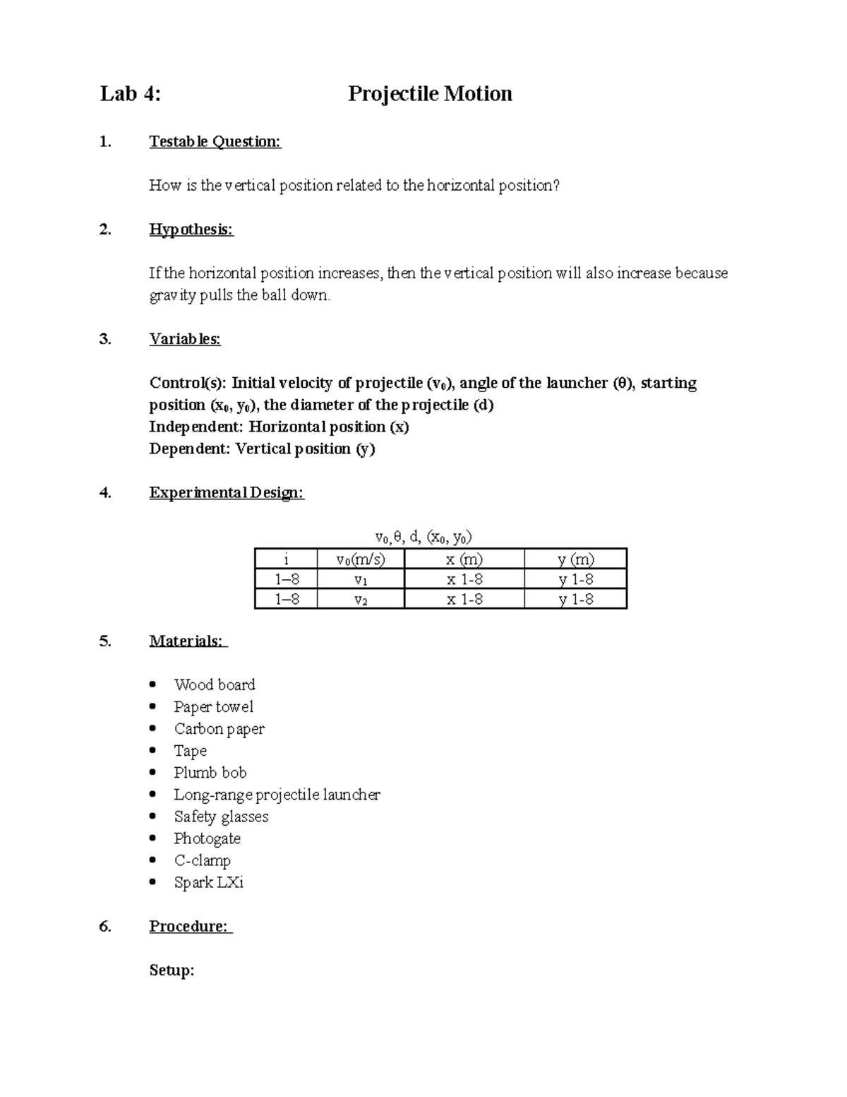 PHY111L Lab 4 Projectile Motion 3 - Lab 4: Projectile Motion Testable ...