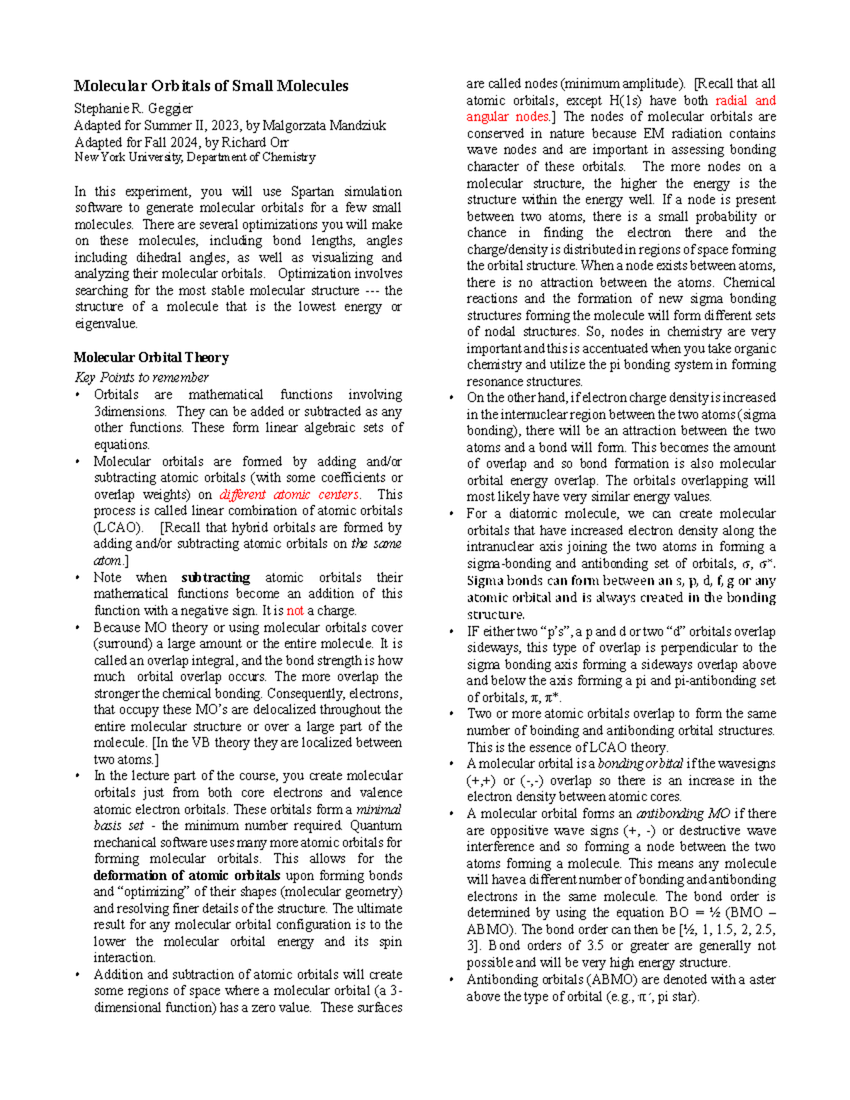 Exp1 Molecular Modeling with Spartan Molecular Orbitals of Small