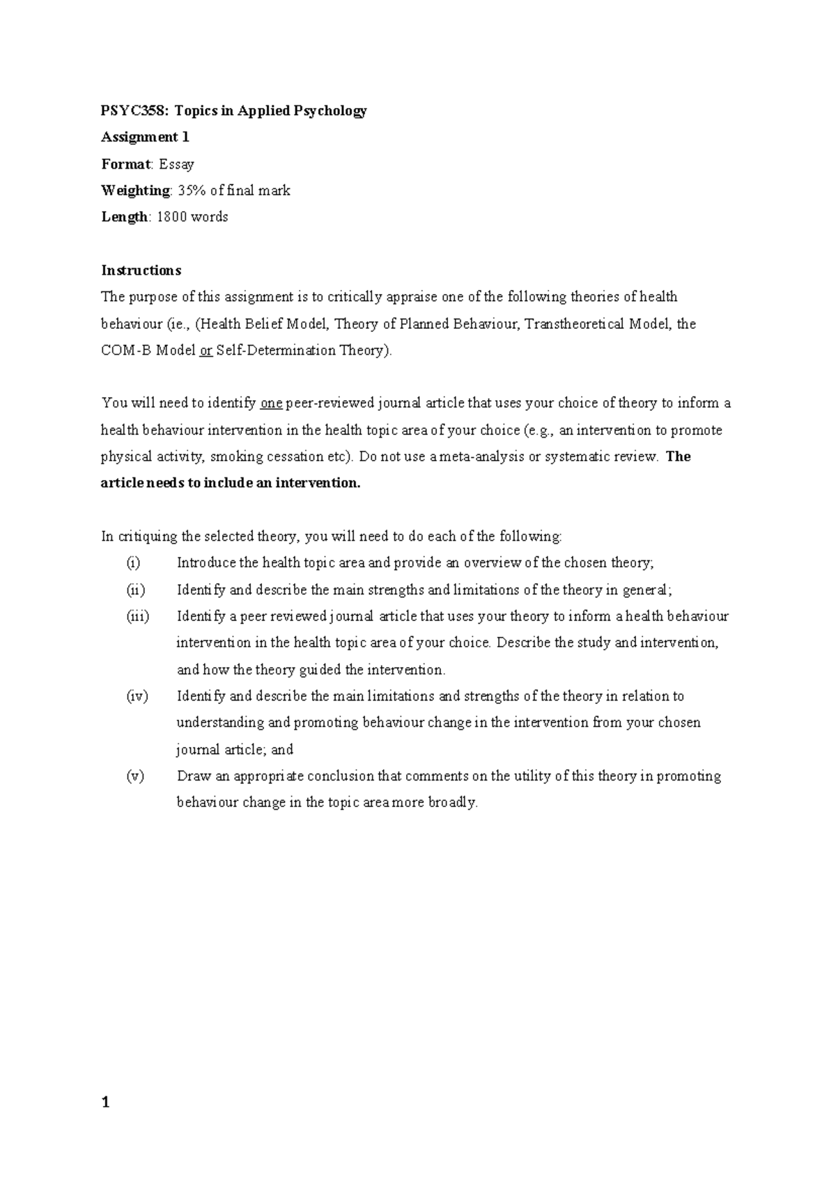 Outline - PSYC358: Topics in Applied Psychology Assignment 1 Format ...