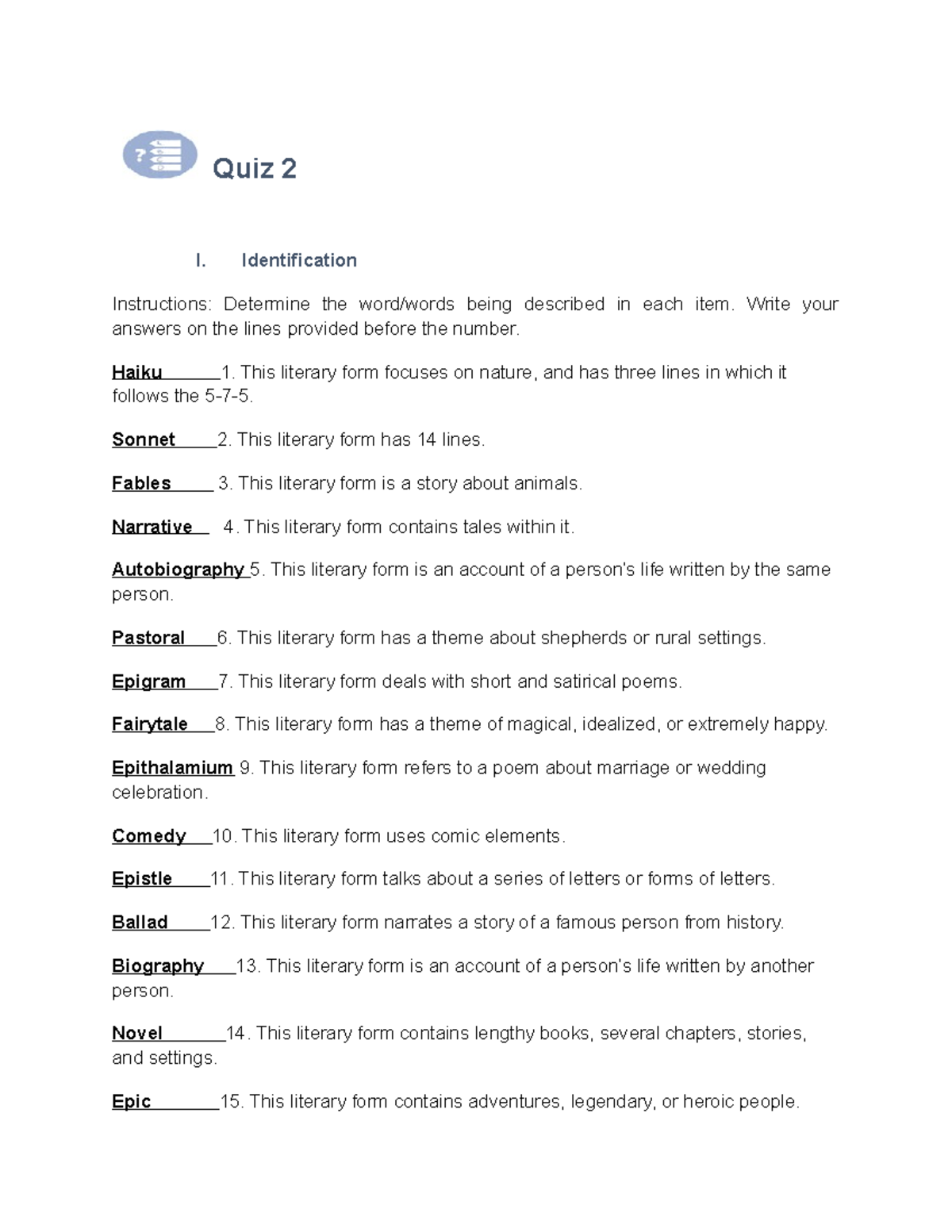 21ST QUIZ 2 FOR LITERATURE Quiz 2 I Identification Instructions 