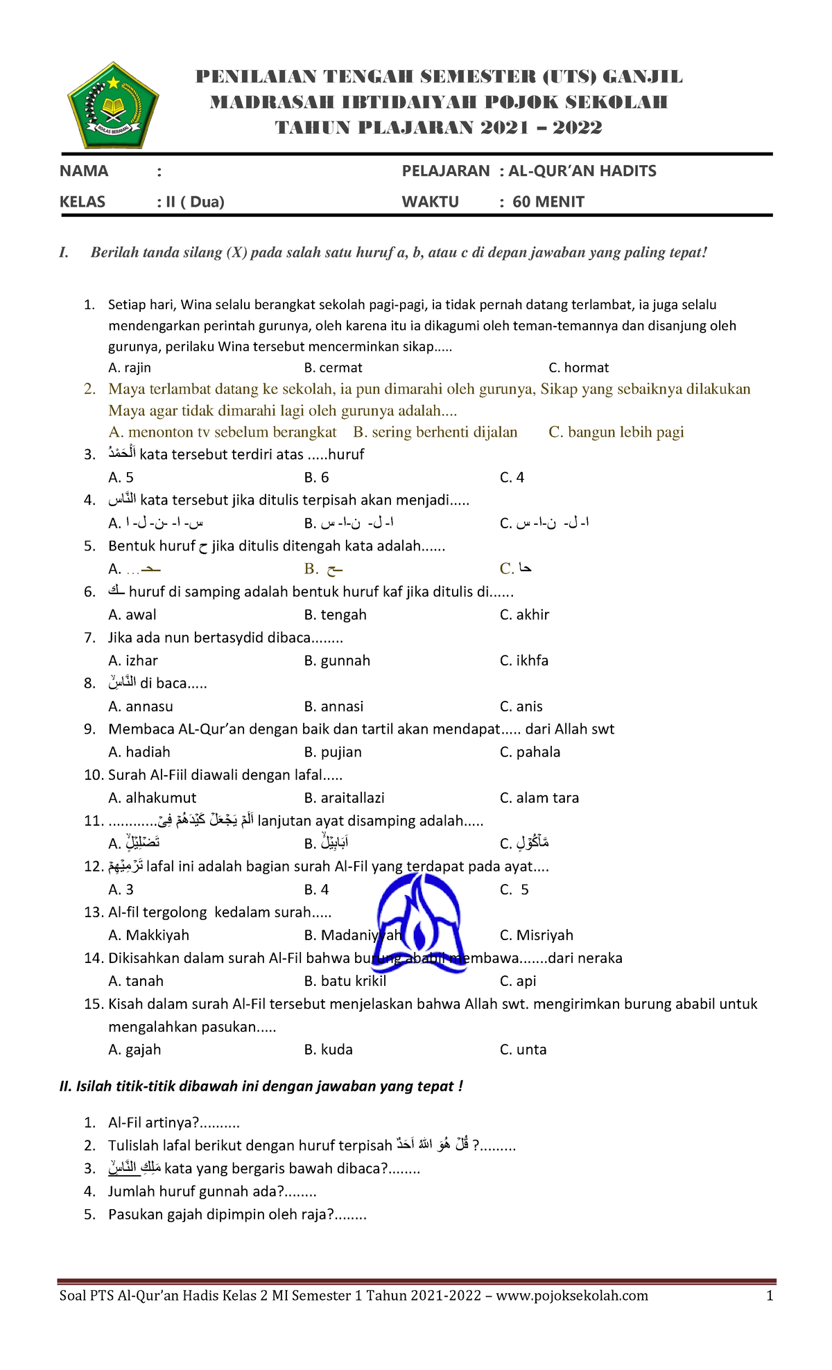 SOAL PTS Qurdis KLS 2 - Www - Soal PTS Al-Qur’an Hadis Kelas 2 MI ...