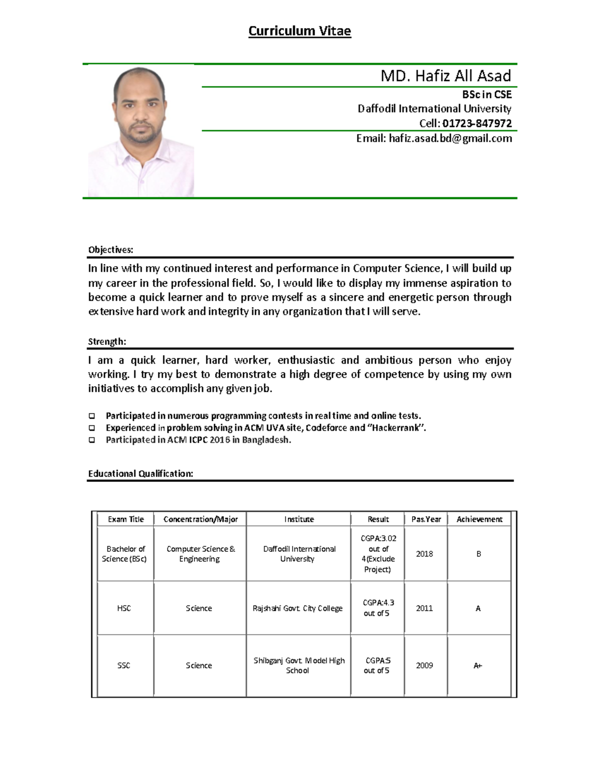 ASAD's CV - Curriculum Vitae MD. Hafiz All Asad BSc in CSE Daffodil ...