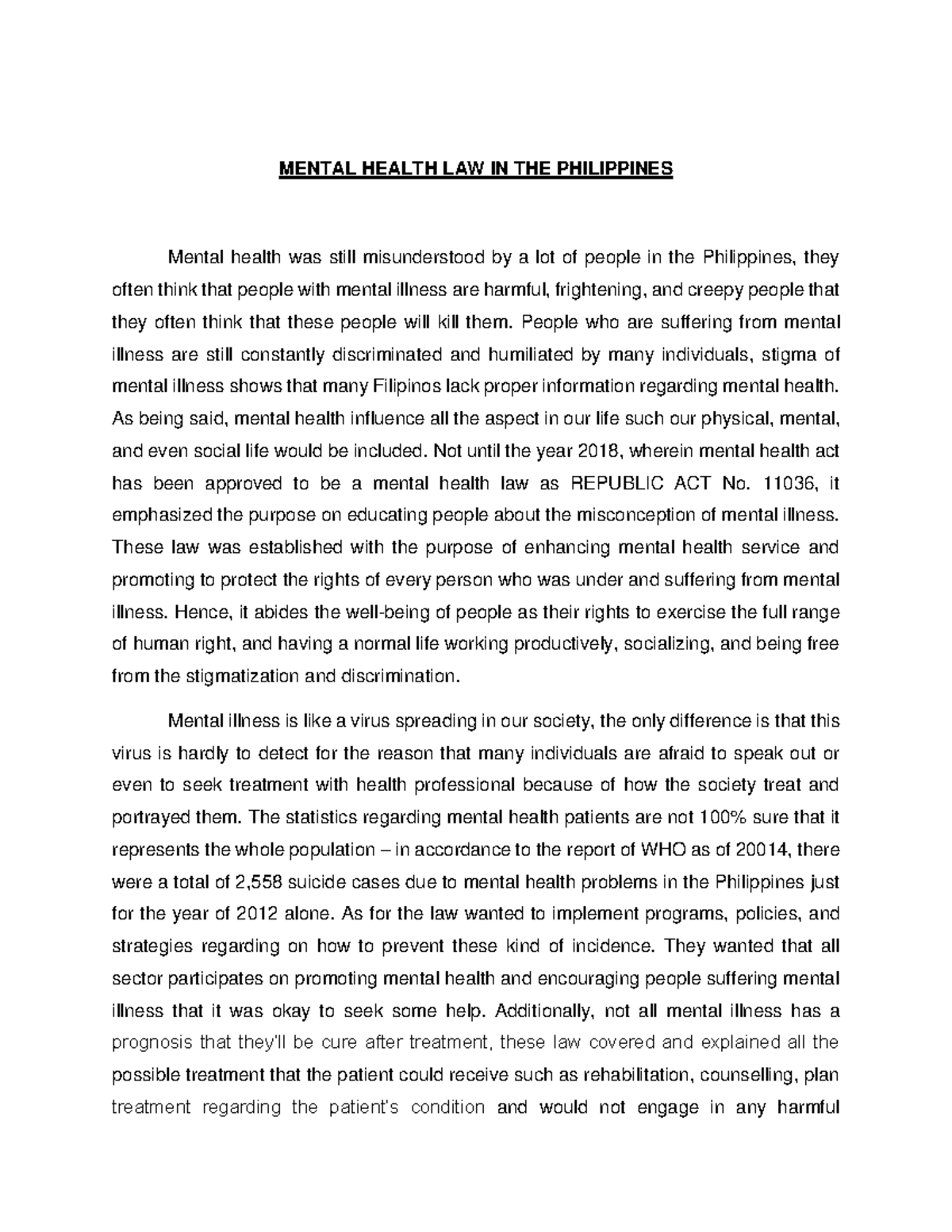 Mental Health Law Reaction Paper MENTAL HEALTH LAW IN THE PHILIPPINES 