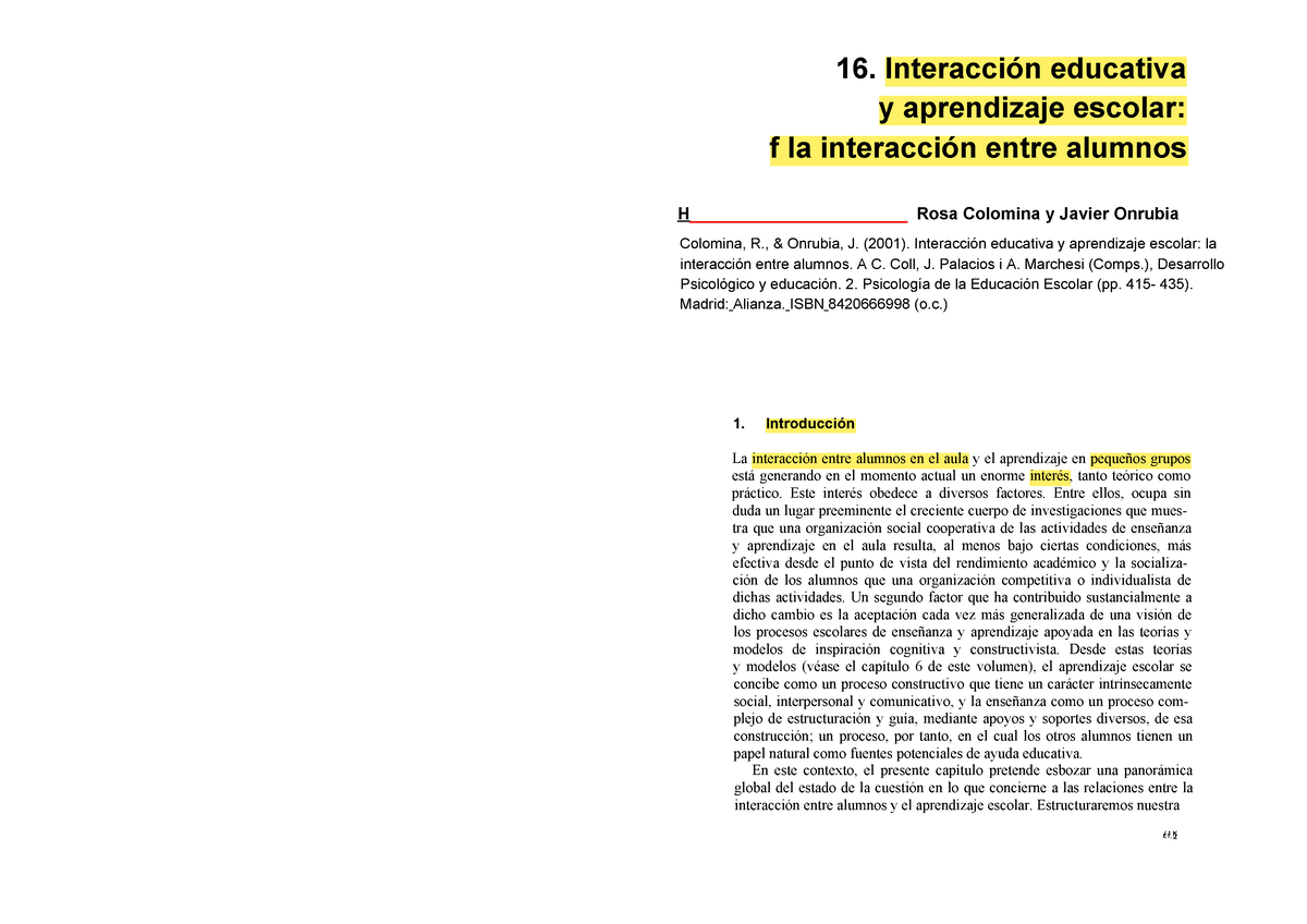 2 Colomina Onrubia 2001 Interacción Educativa Y Aprendizaje Escolar 16 Interacción Educativa 8843