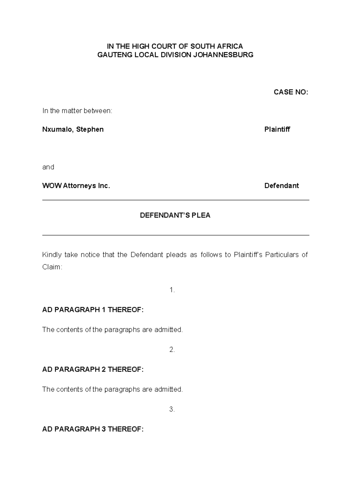Nxumalo V WOW Attorneys INC. PLEA and Counterclaim - IN THE HIGH COURT ...