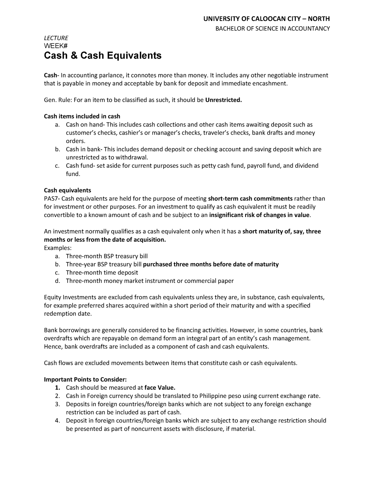 Cash And Cash Equivalent - Bachelor Of Science In Accountancy Lecture 