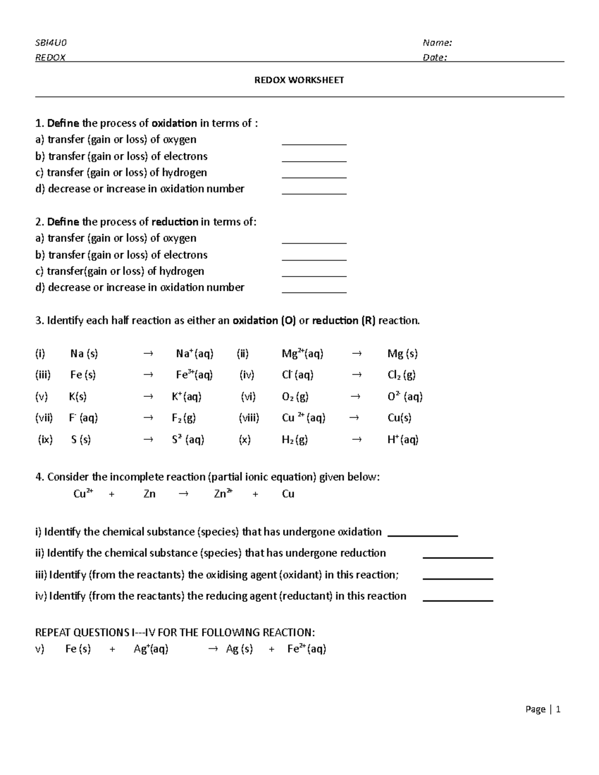 02 - Redox Worksheet - SBI4U0 Name: REDOX Date: REDOX WORKSHEET Define ...