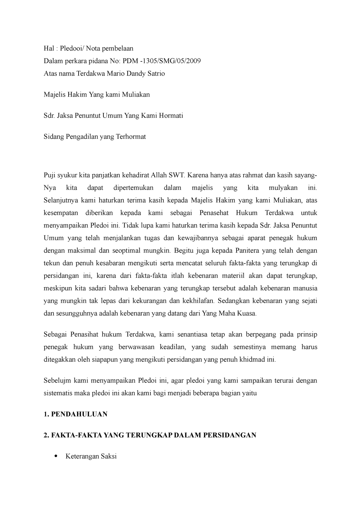 Pledoi - Hal : Pledooi/ Nota Pembelaan Dalam Perkara Pidana No: PDM ...