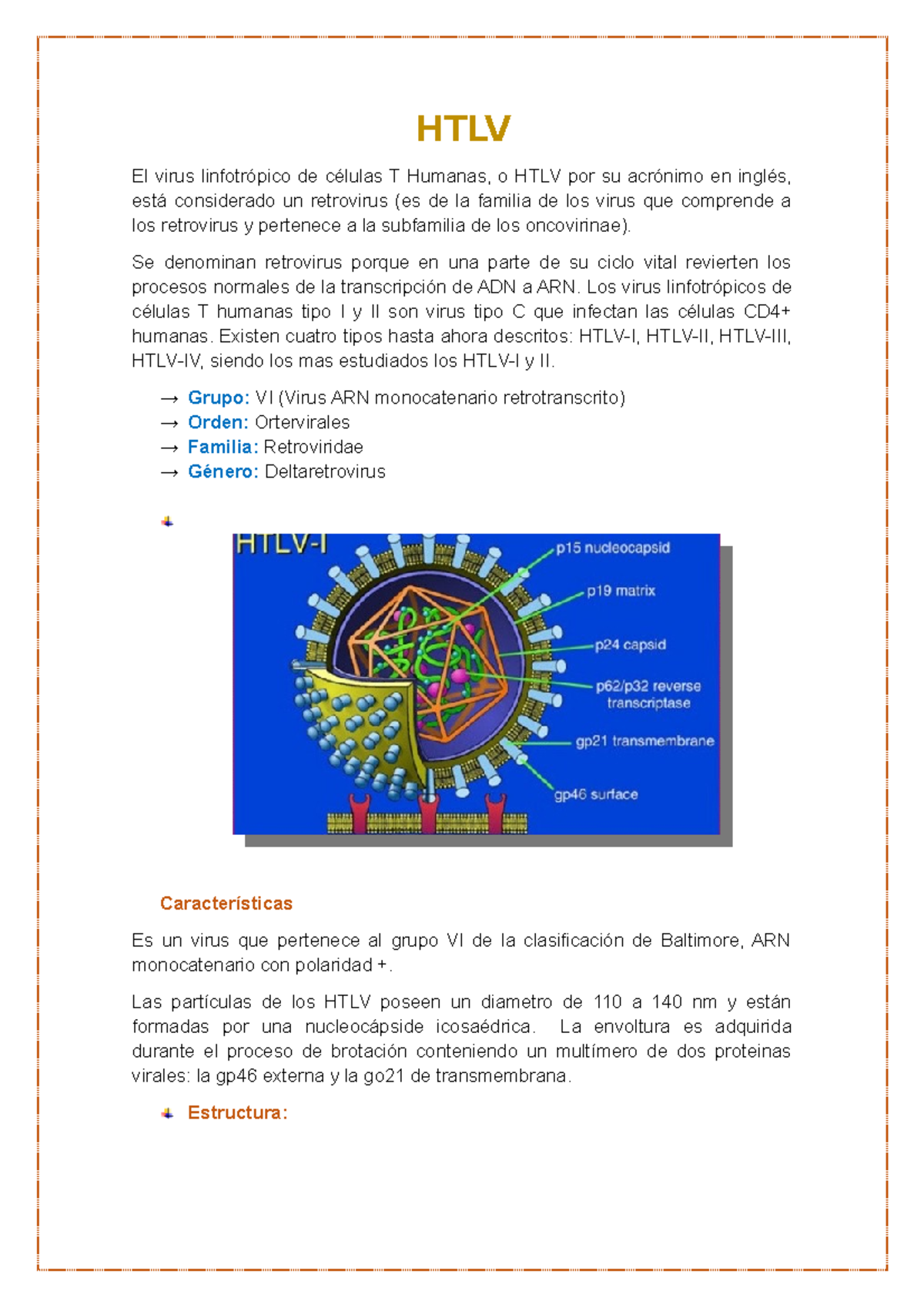 HTLV - Apuntes 1 - HTLV El virus linfotrópico de células T Humanas, o ...