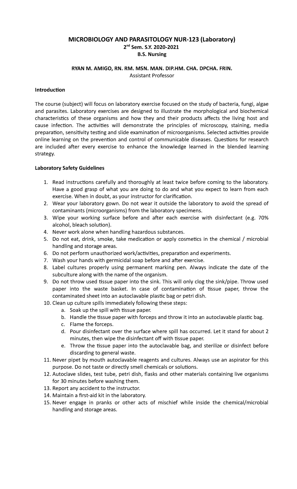 Micro para lab handouts-1 - MICROBIOLOGY AND PARASITOLOGY NUR-123 ...
